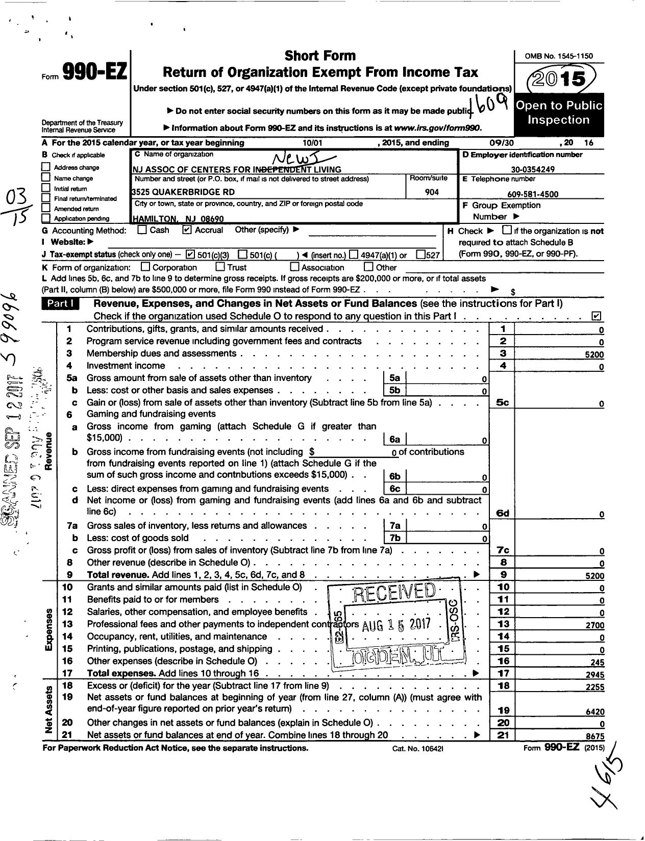 Image of first page of 2015 Form 990EZ for New Jersey Association for Centers for Independent Living