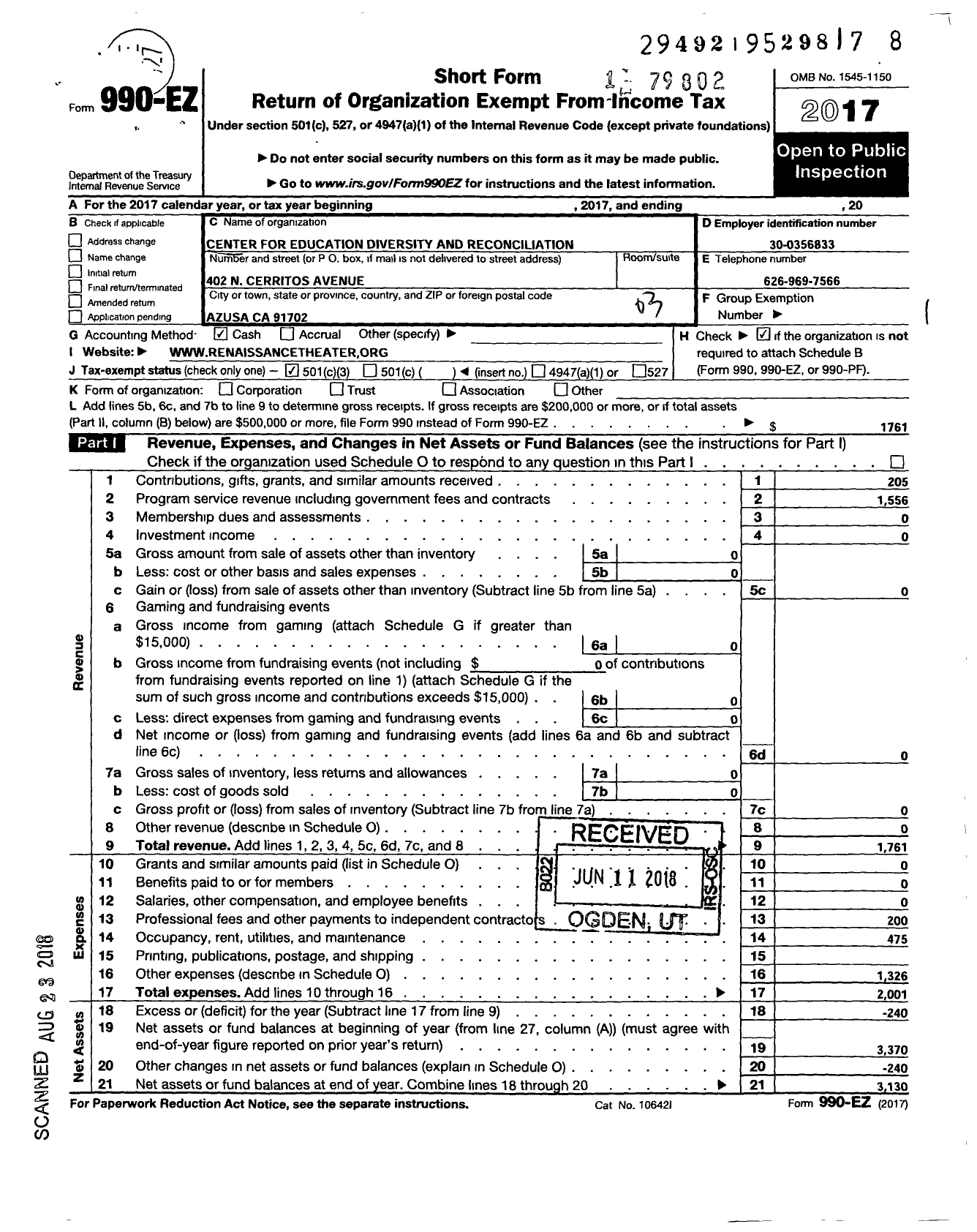 Image of first page of 2017 Form 990EZ for Center for Education Diversity and Reconciliation