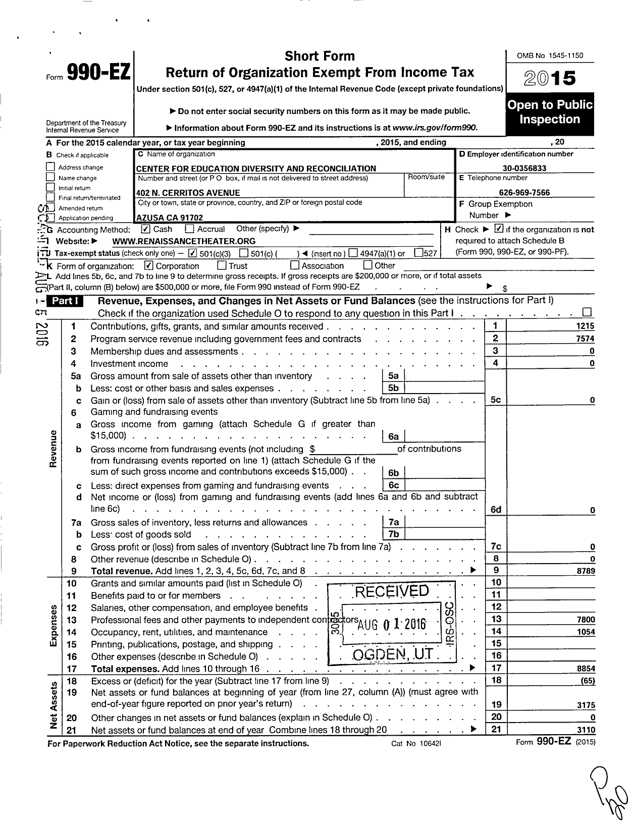 Image of first page of 2015 Form 990EZ for Center for Education Diversity and Reconciliation