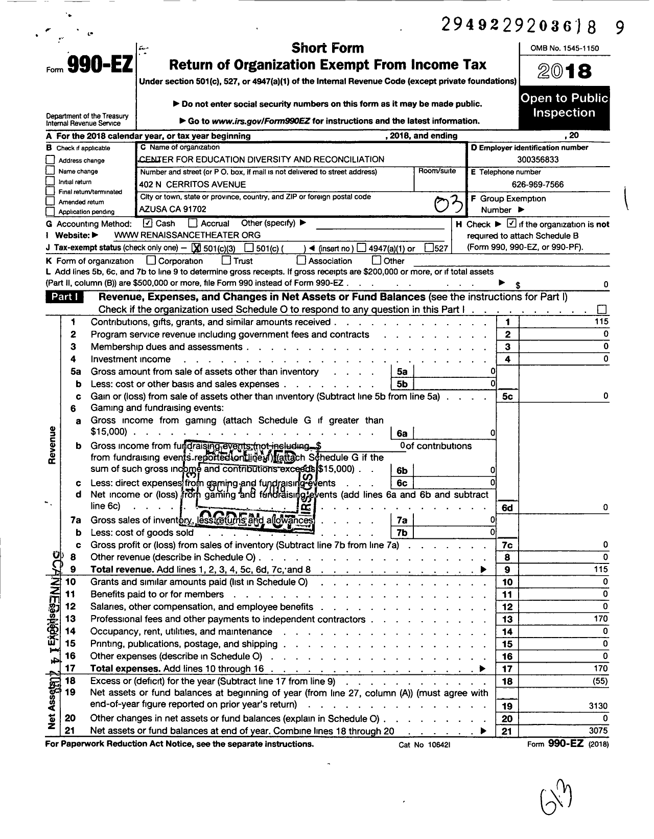 Image of first page of 2018 Form 990EZ for Center for Education Diversity and Reconciliation