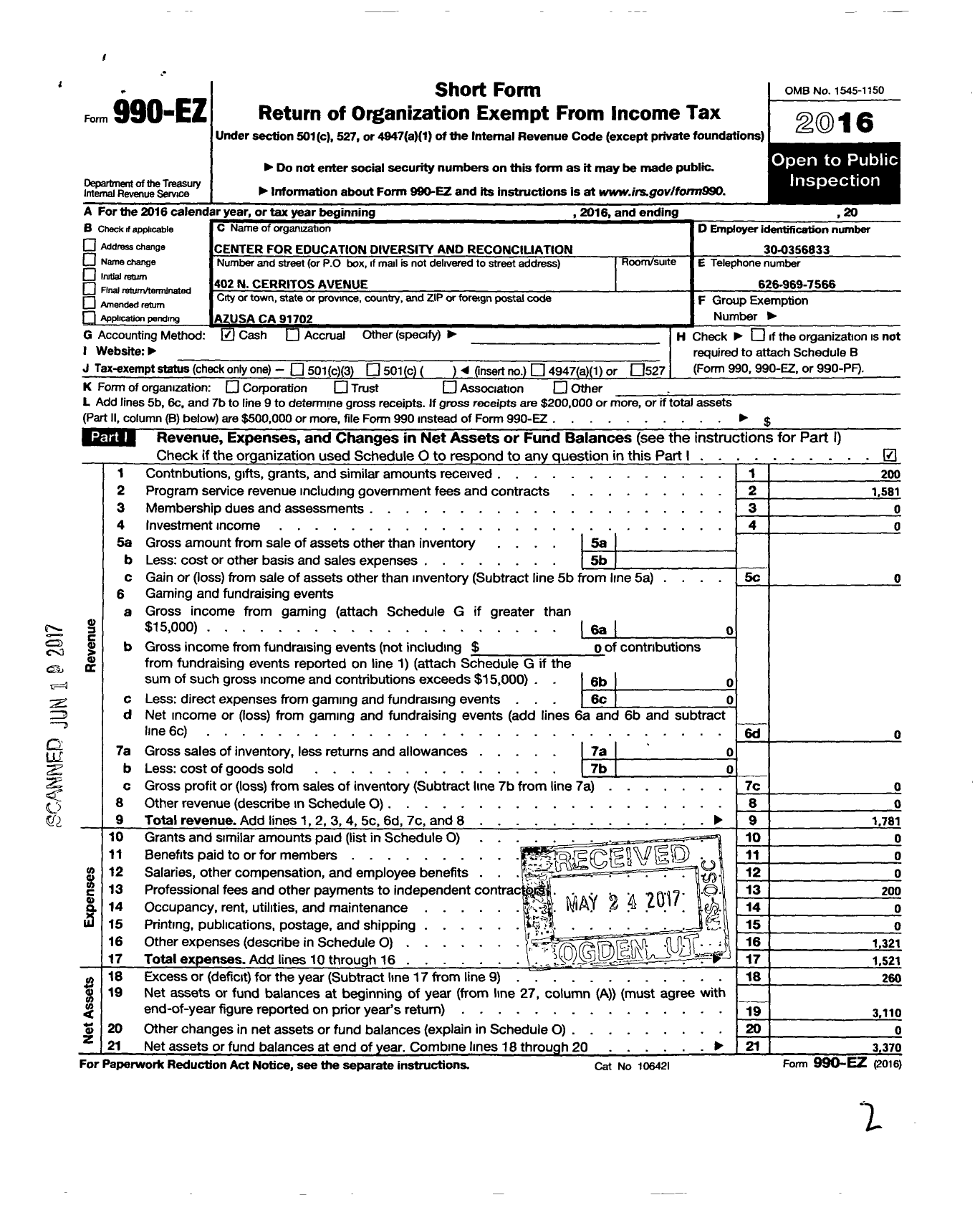 Image of first page of 2016 Form 990EO for Center for Education Diversity and Reconciliation