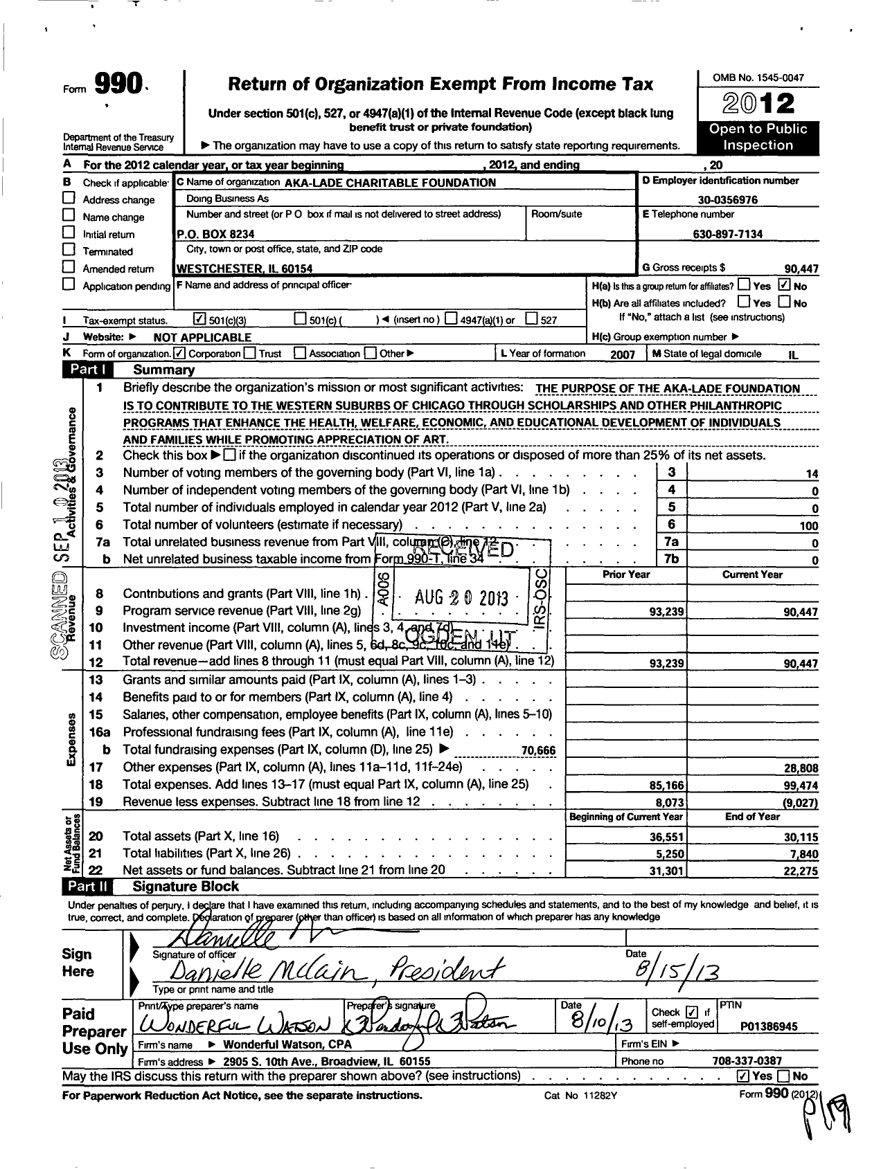 Image of first page of 2012 Form 990 for Aka-Lade Foundation