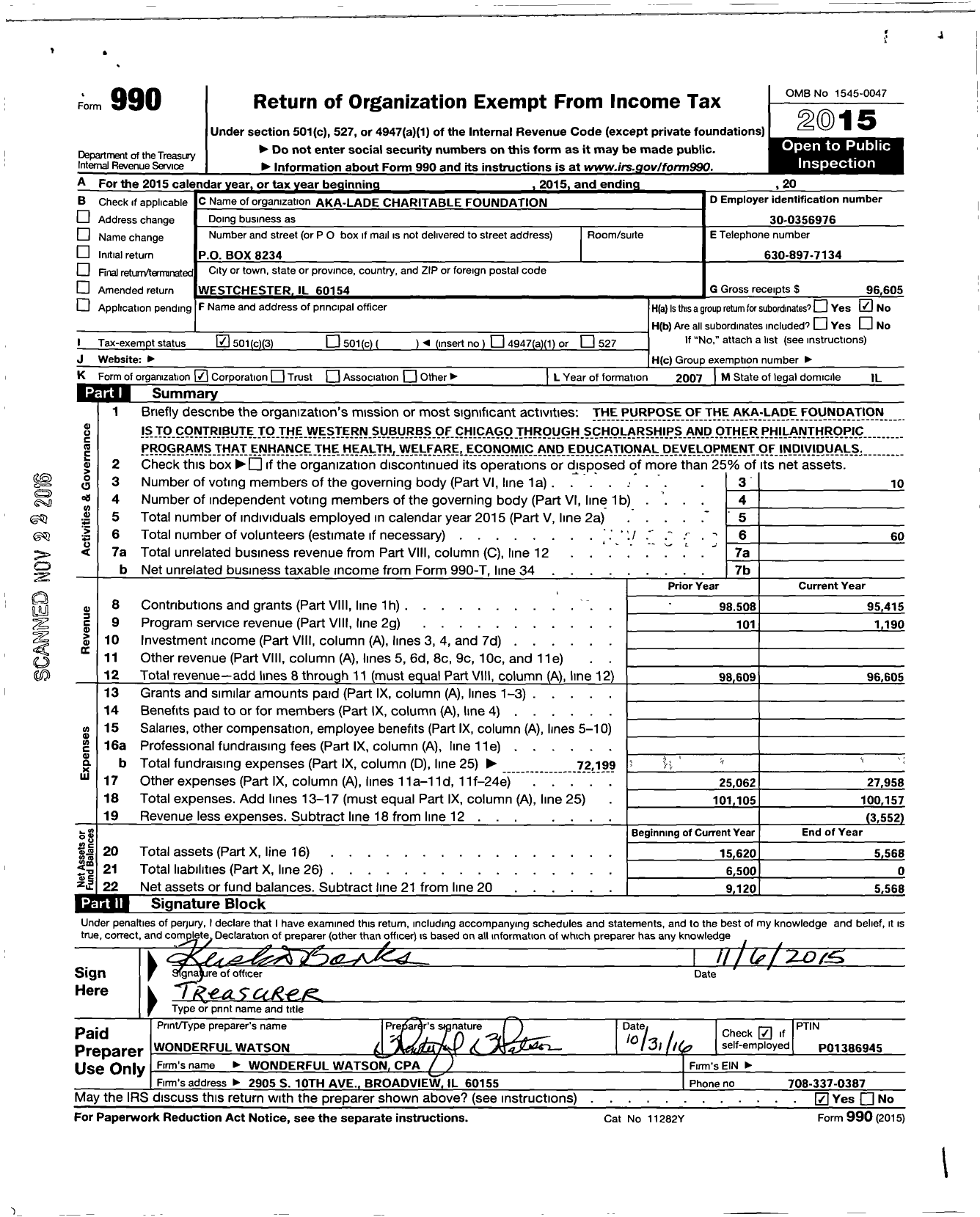 Image of first page of 2015 Form 990 for Aka-Lade Foundation