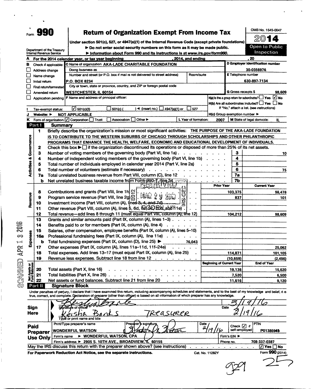 Image of first page of 2014 Form 990 for Aka-Lade Foundation