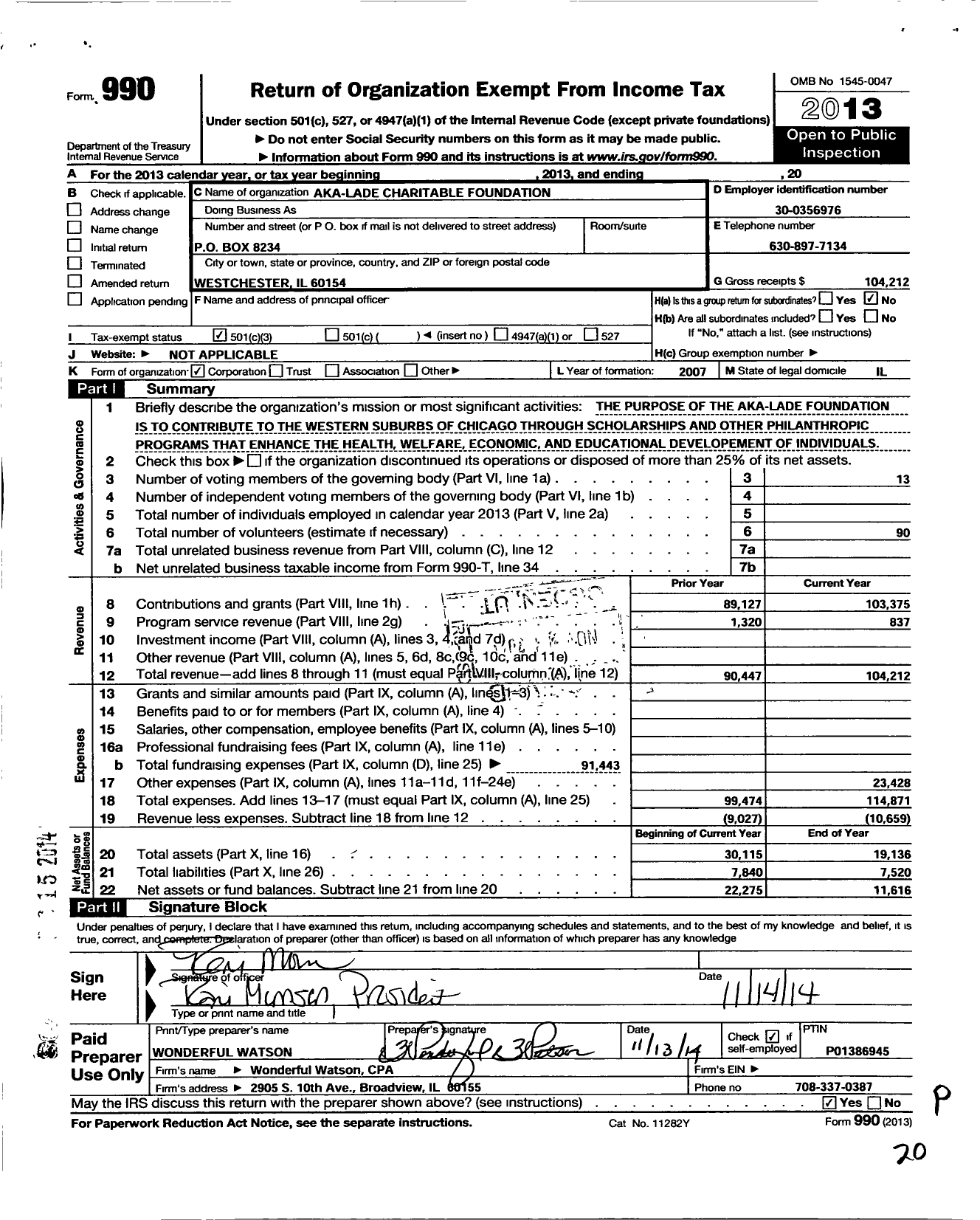 Image of first page of 2013 Form 990 for Aka-Lade Foundation