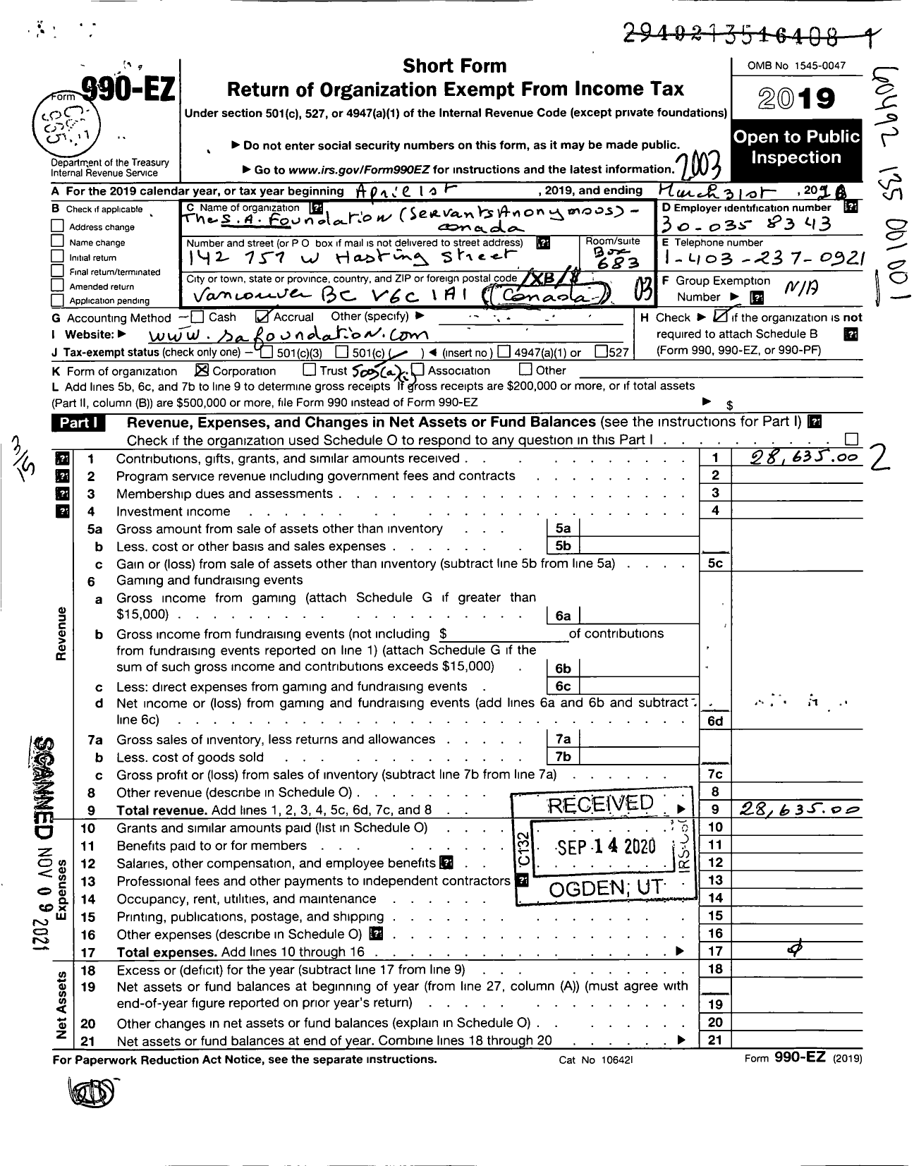 Image of first page of 2019 Form 990EZ for The S A Foundation - Canada