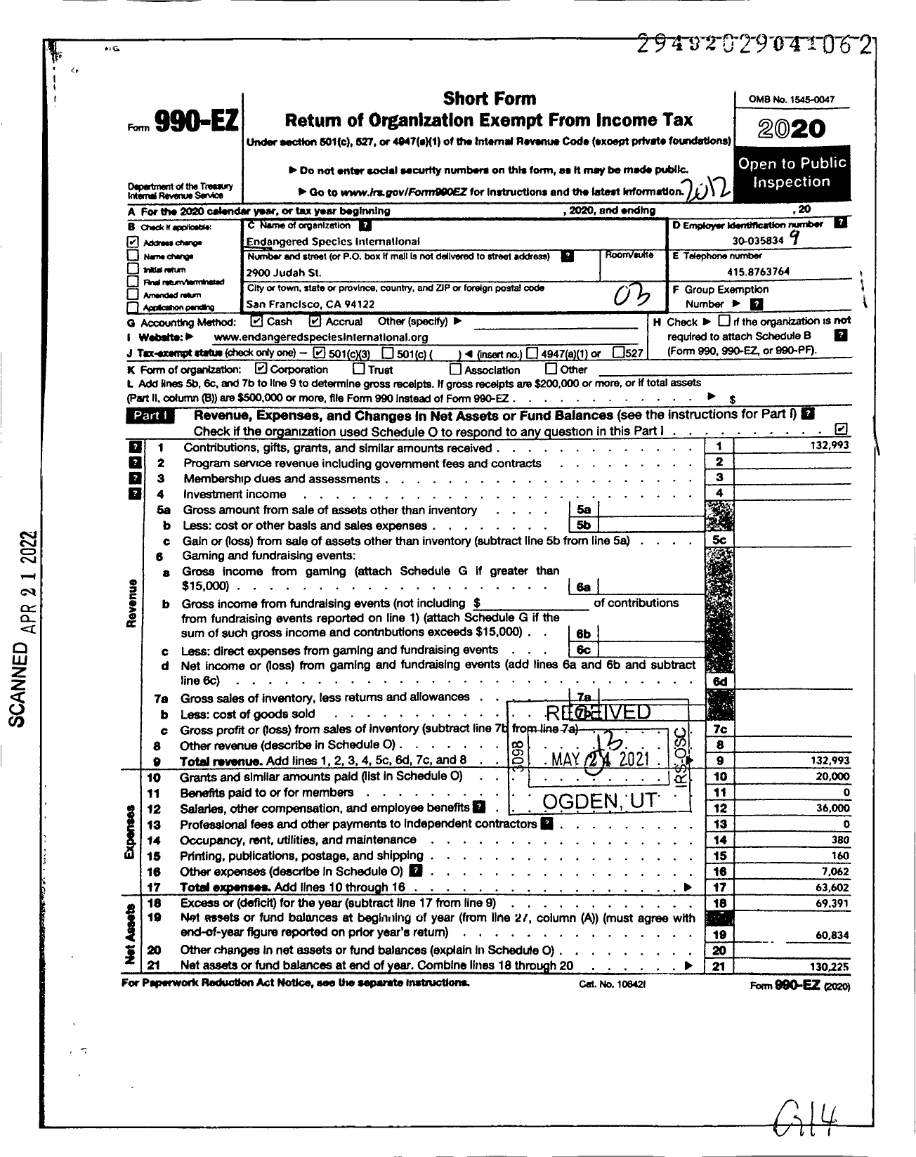 Image of first page of 2020 Form 990EZ for Endangered Species International