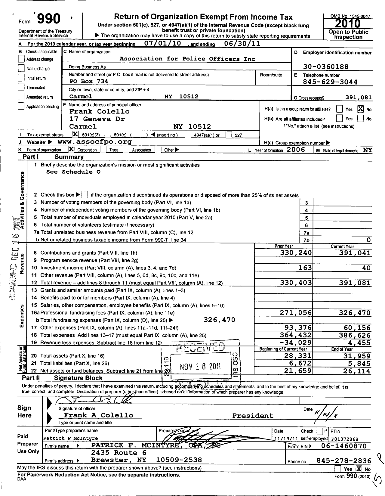 Image of first page of 2010 Form 990 for Association for Police Officers