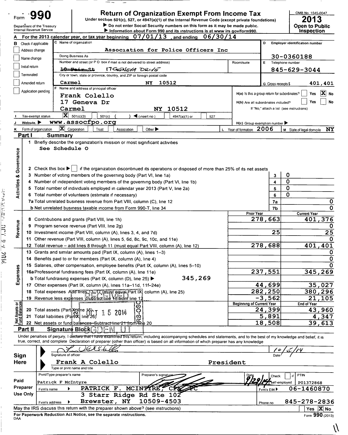 Image of first page of 2013 Form 990 for Association for Police Officers