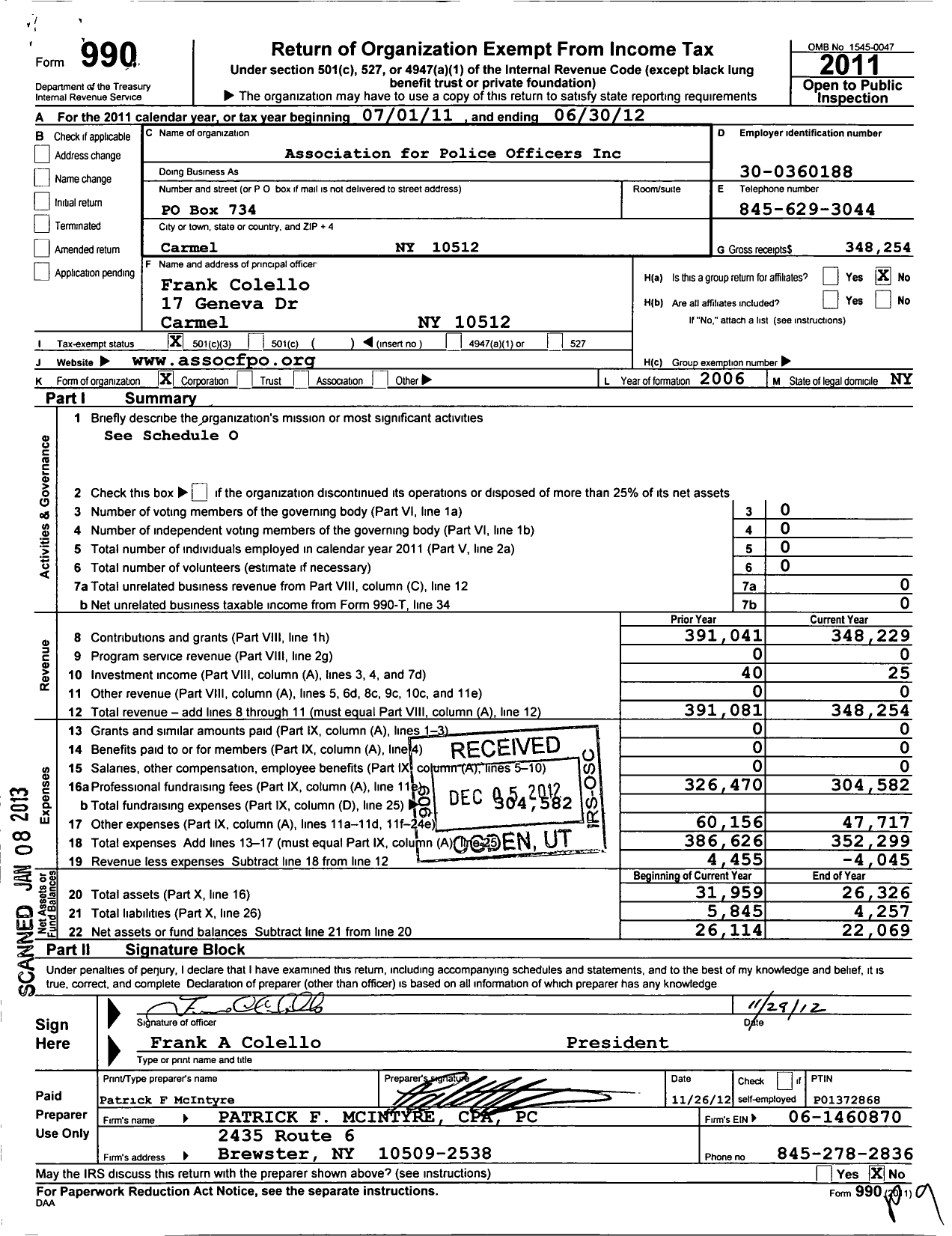 Image of first page of 2011 Form 990 for Association for Police Officers