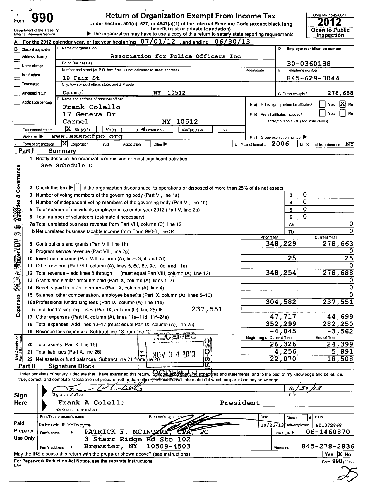 Image of first page of 2012 Form 990 for Association for Police Officers