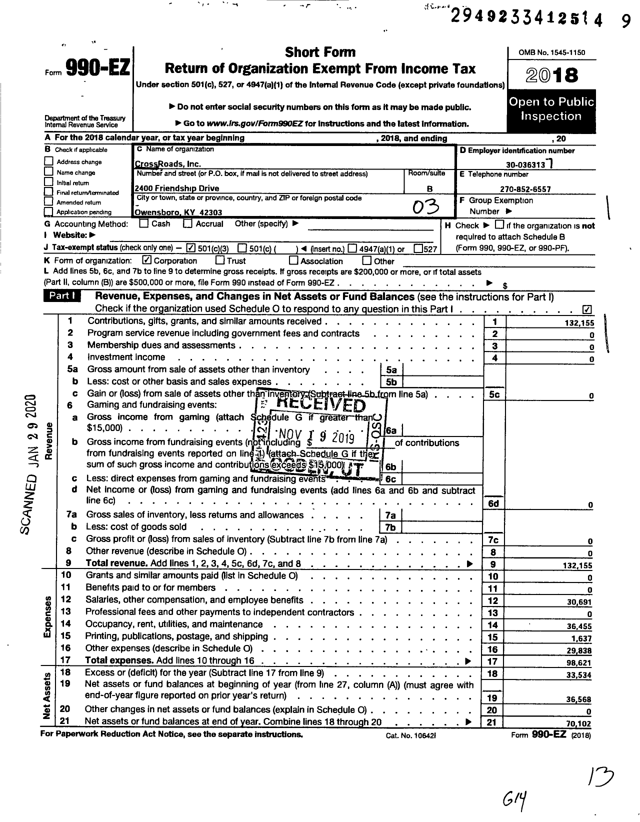 Image of first page of 2018 Form 990EZ for Crossroads