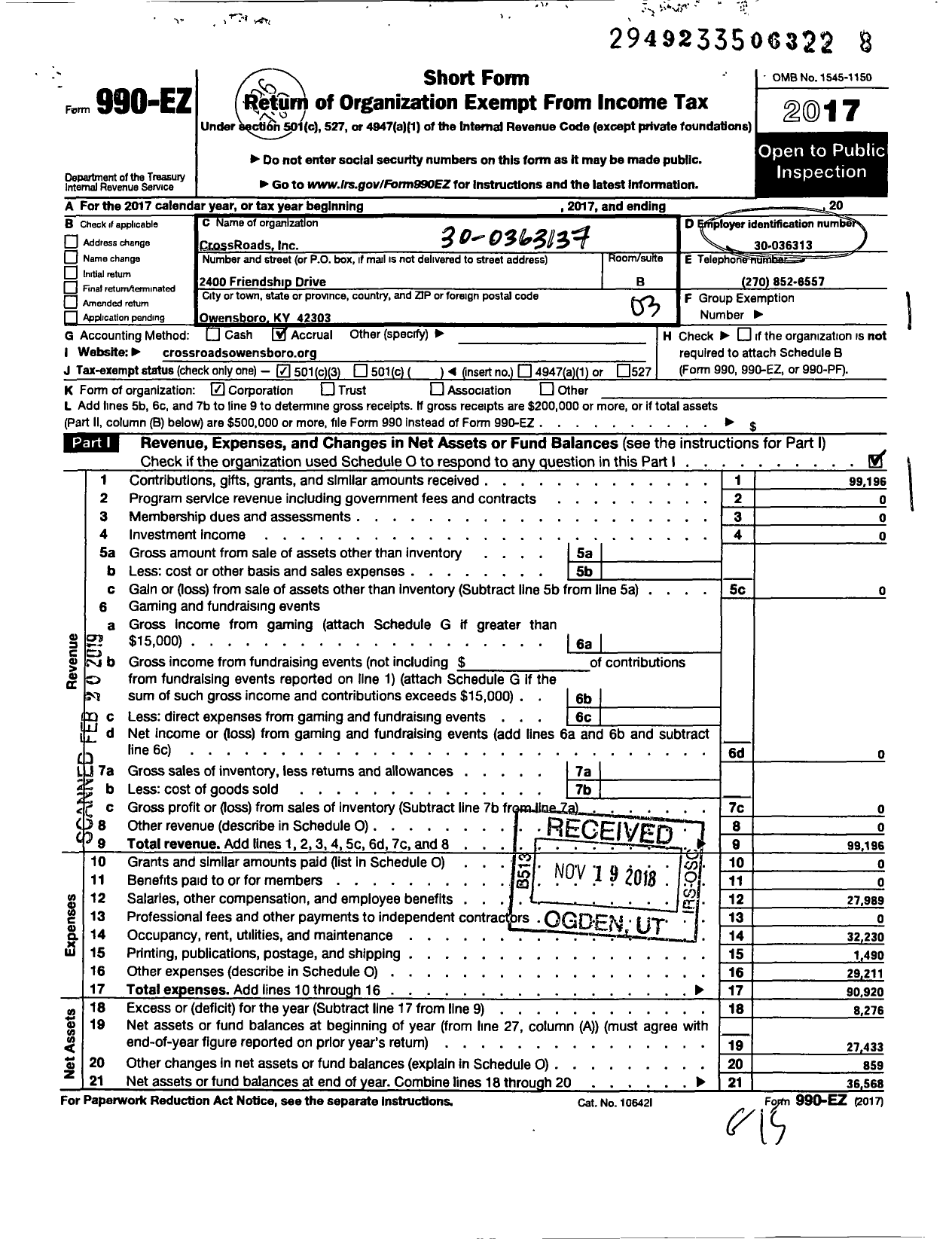 Image of first page of 2017 Form 990EZ for Crossroads