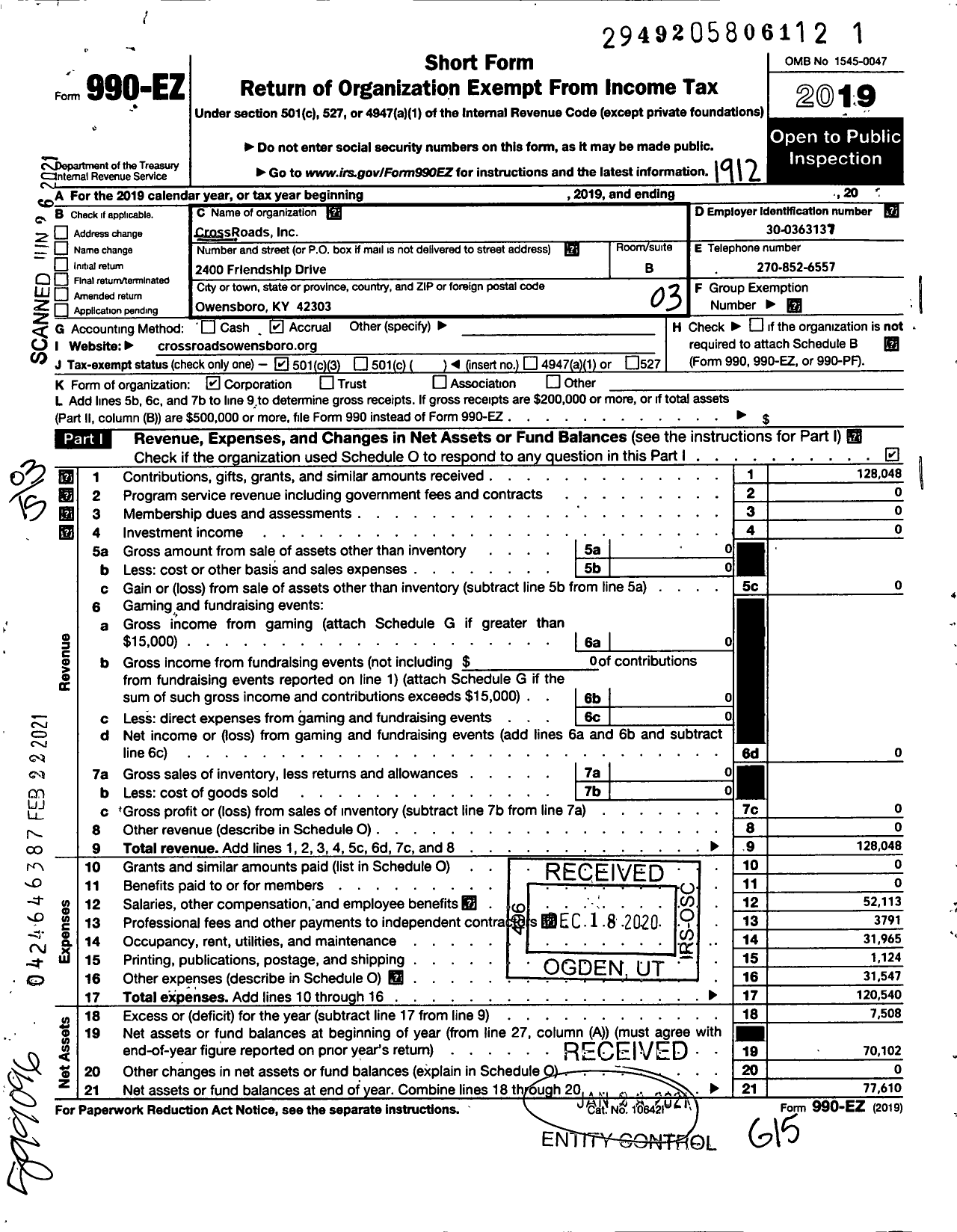 Image of first page of 2019 Form 990EZ for Crossroads