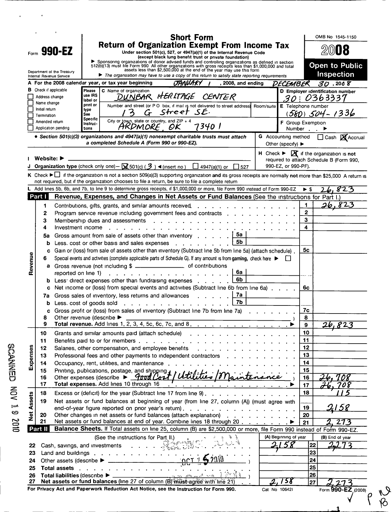 Image of first page of 2008 Form 990EZ for Dunbar Heritage Center