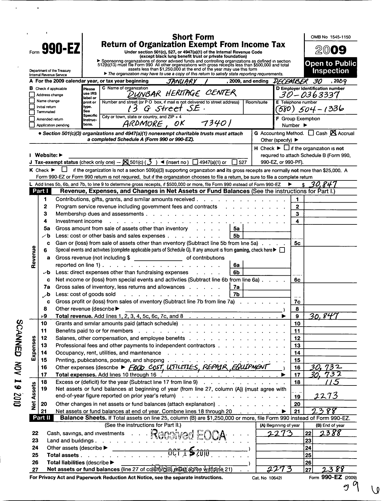 Image of first page of 2009 Form 990EZ for Dunbar Heritage Center