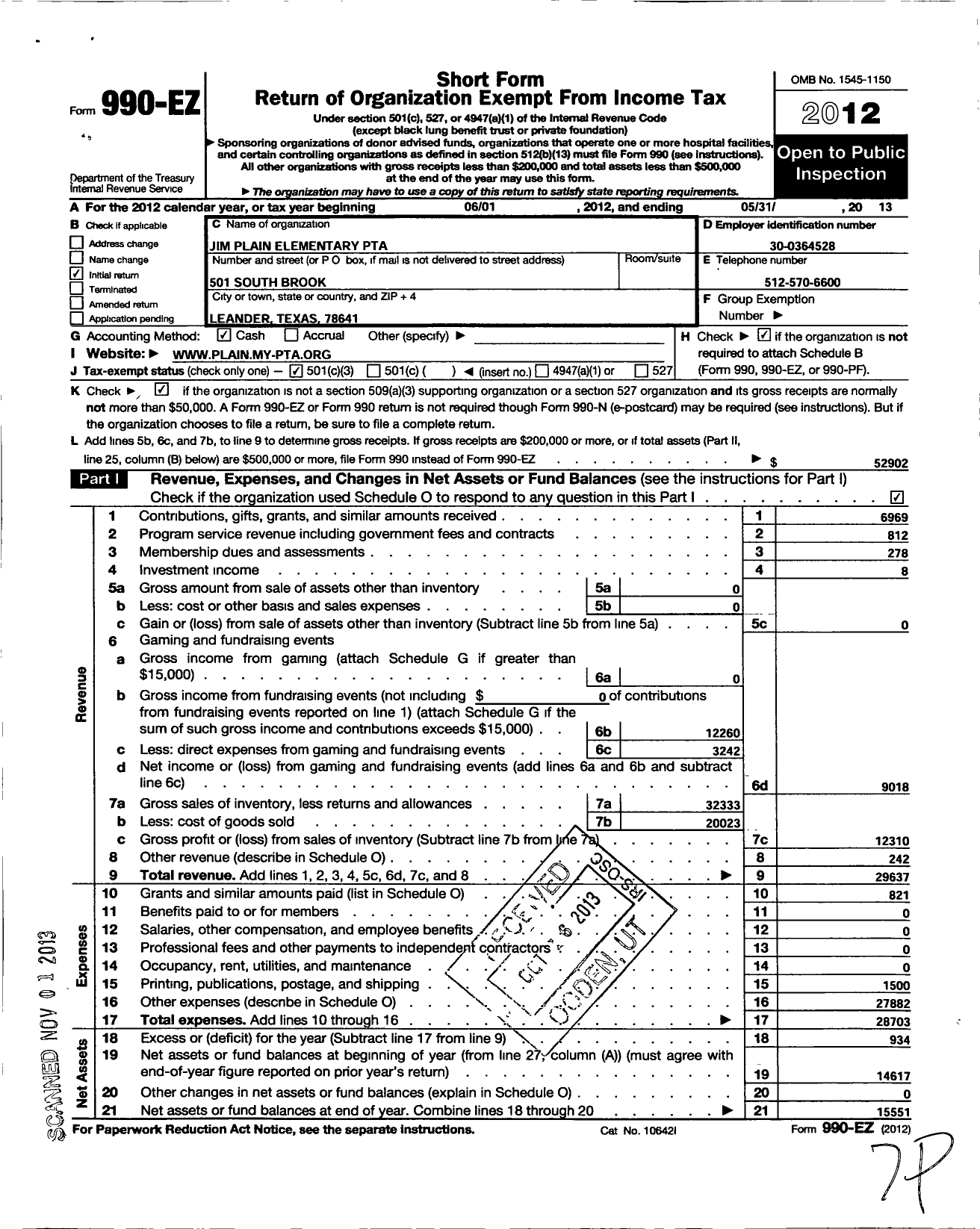 Image of first page of 2012 Form 990EZ for TEXAS PTA - Jim Plain Elementary PTA