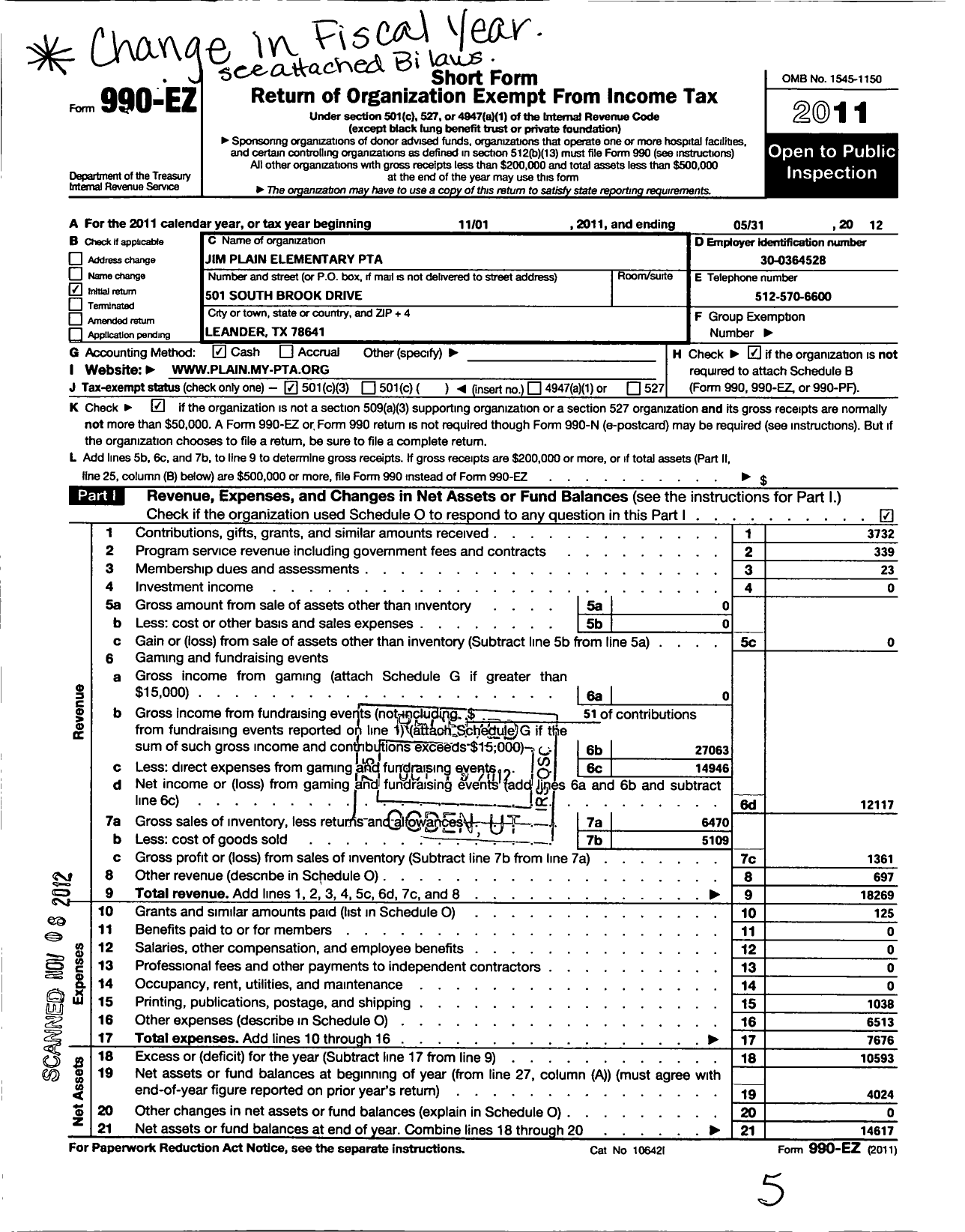 Image of first page of 2011 Form 990EZ for TEXAS PTA - Jim Plain Elementary PTA