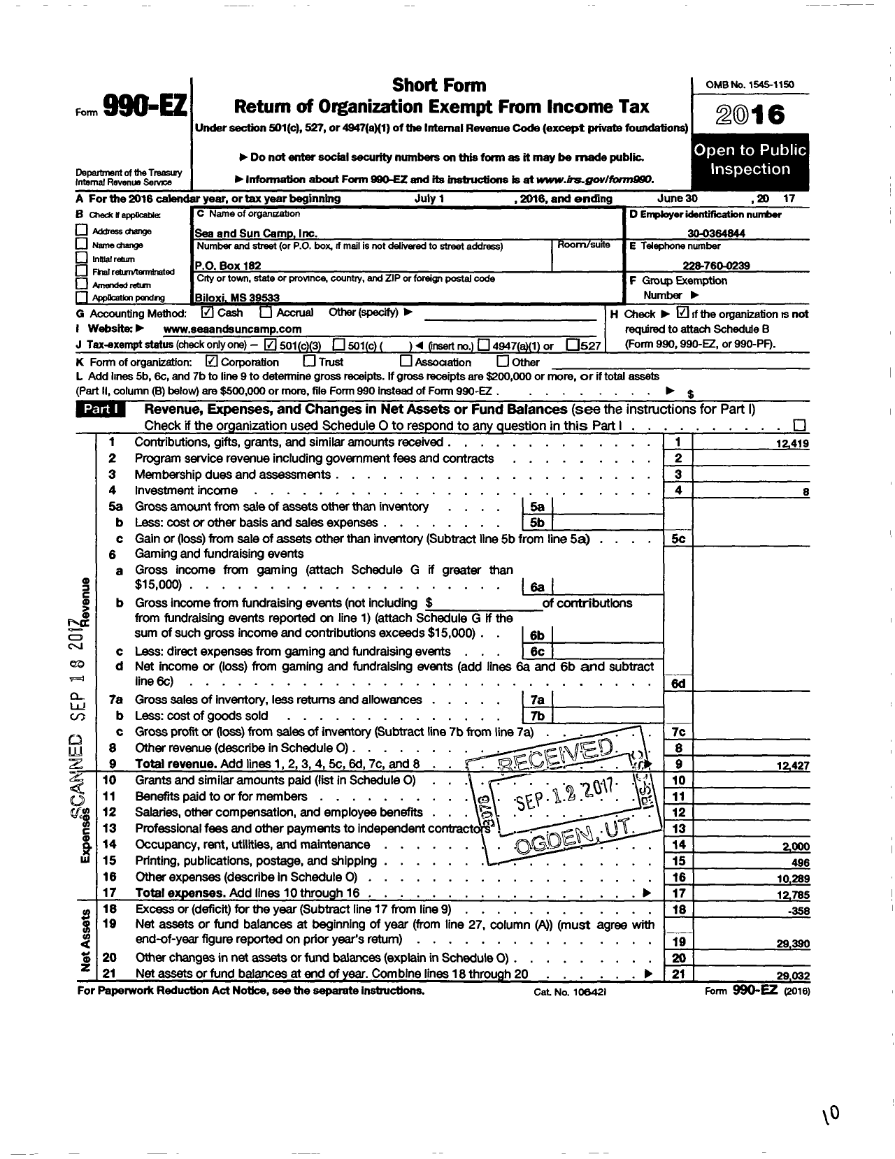 Image of first page of 2016 Form 990EZ for Sea and Sun Camp