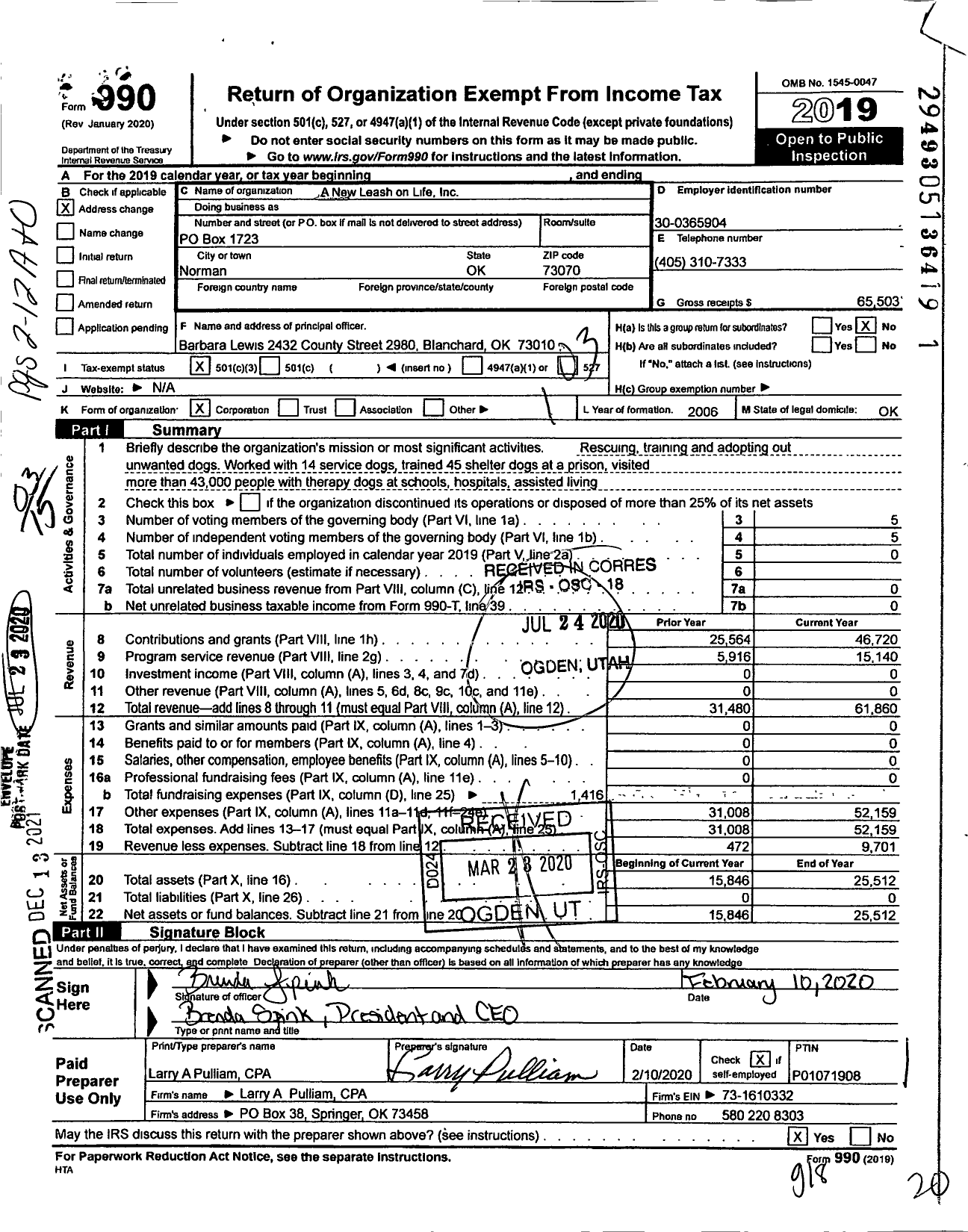 Image of first page of 2019 Form 990 for A New Leash on Life