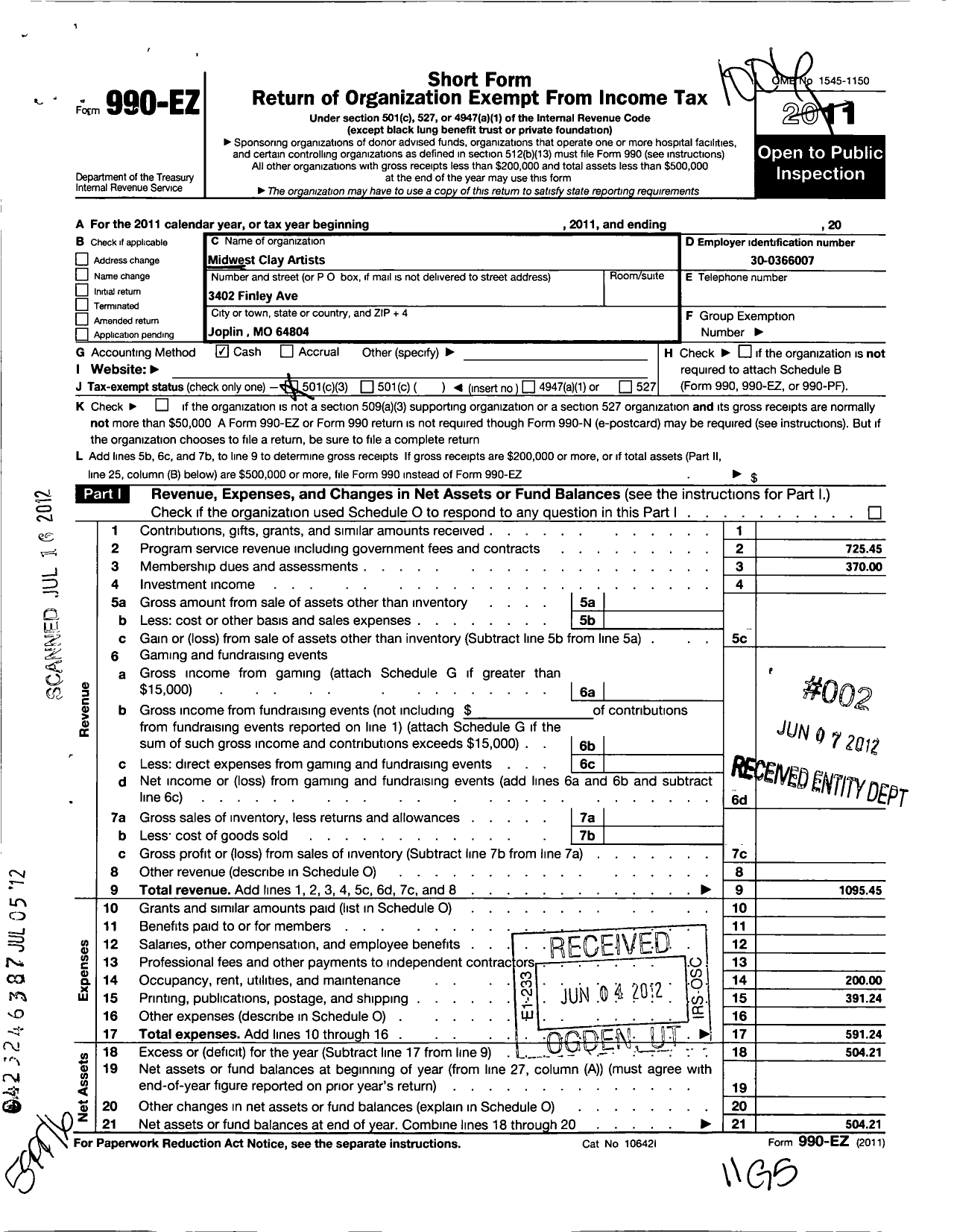 Image of first page of 2009 Form 990EZ for Midwest Clay Artists