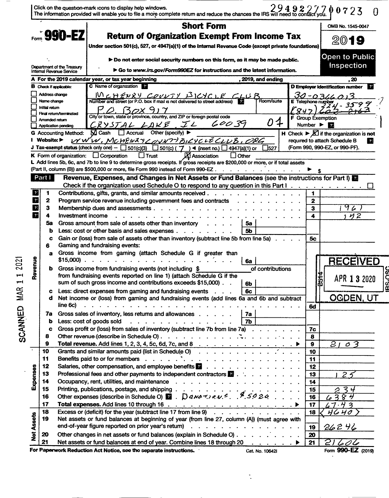 Image of first page of 2019 Form 990EO for Mchenry County Bicycle Club