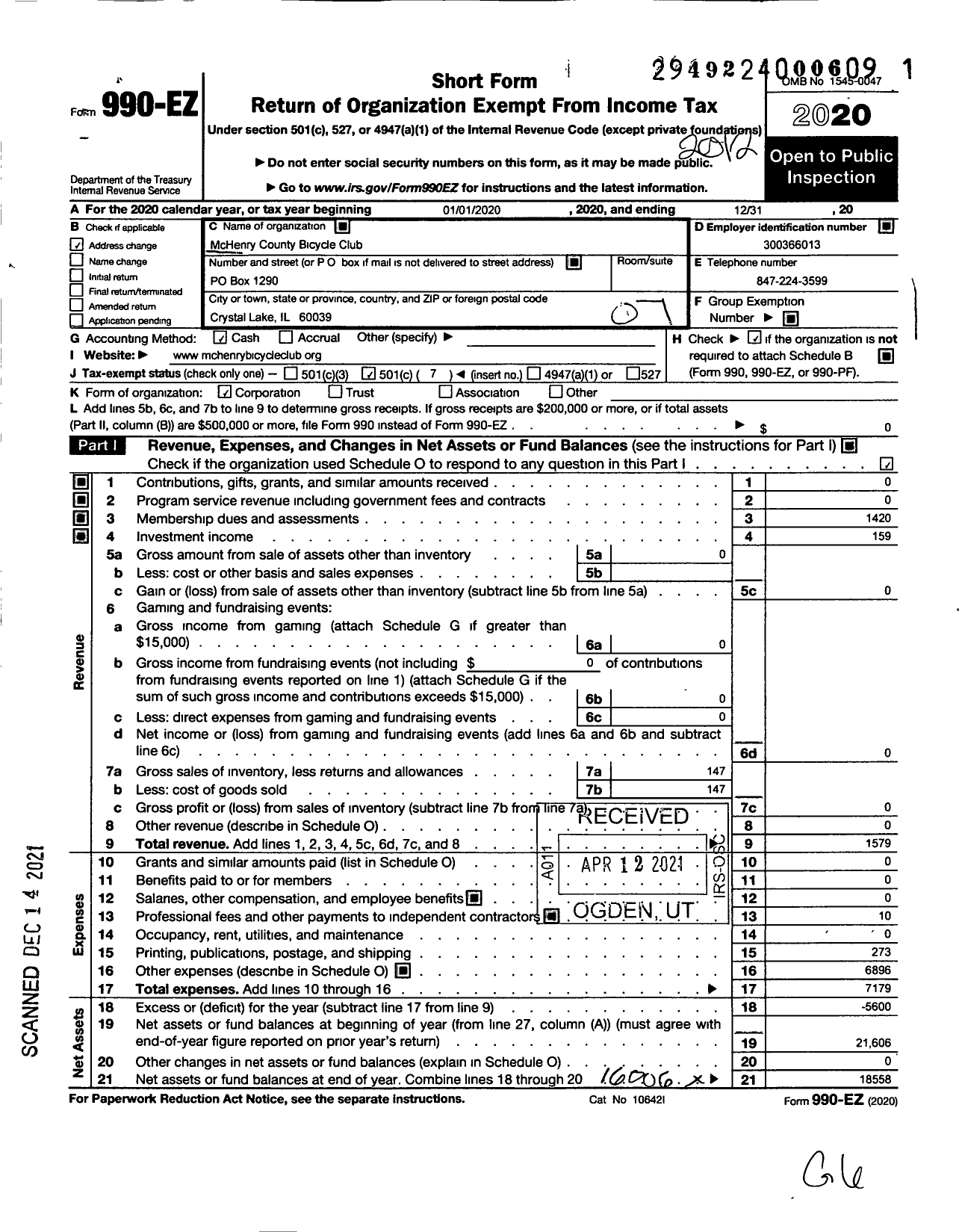 Image of first page of 2020 Form 990EO for Mchenry County Bicycle Club