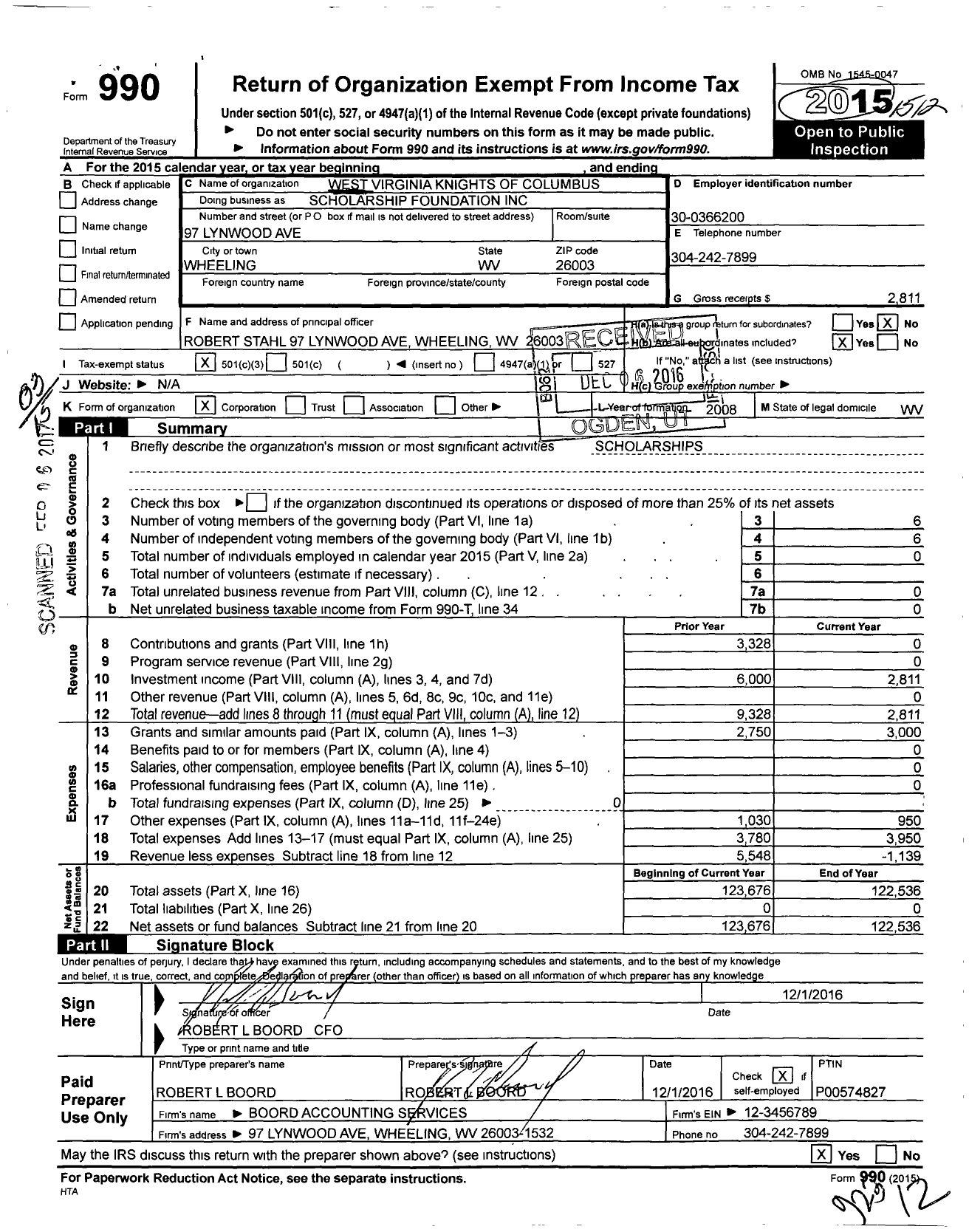 Image of first page of 2015 Form 990 for West Virginia Knights of Columbus Foundation