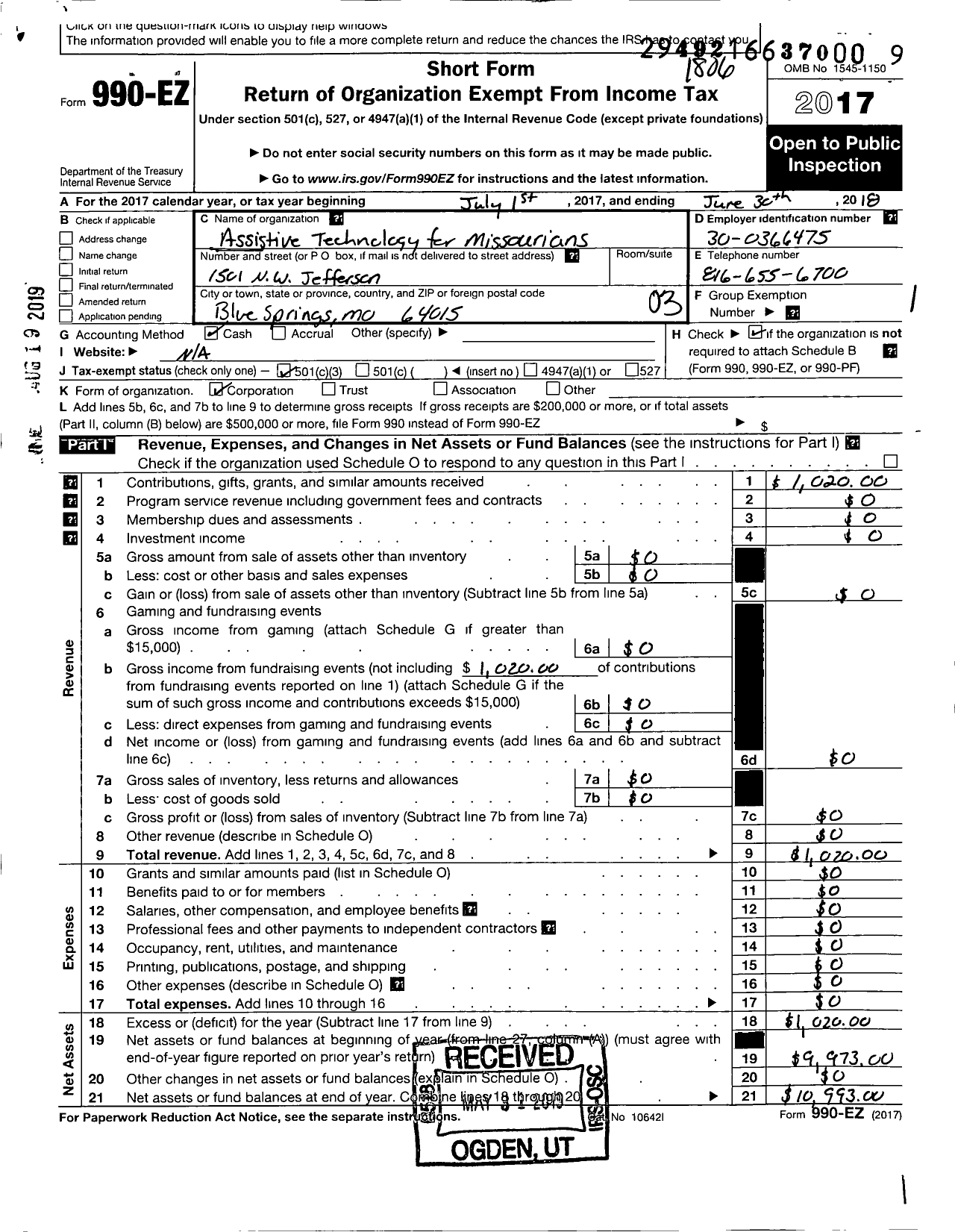 Image of first page of 2017 Form 990EZ for Assistive Technology for Missourians