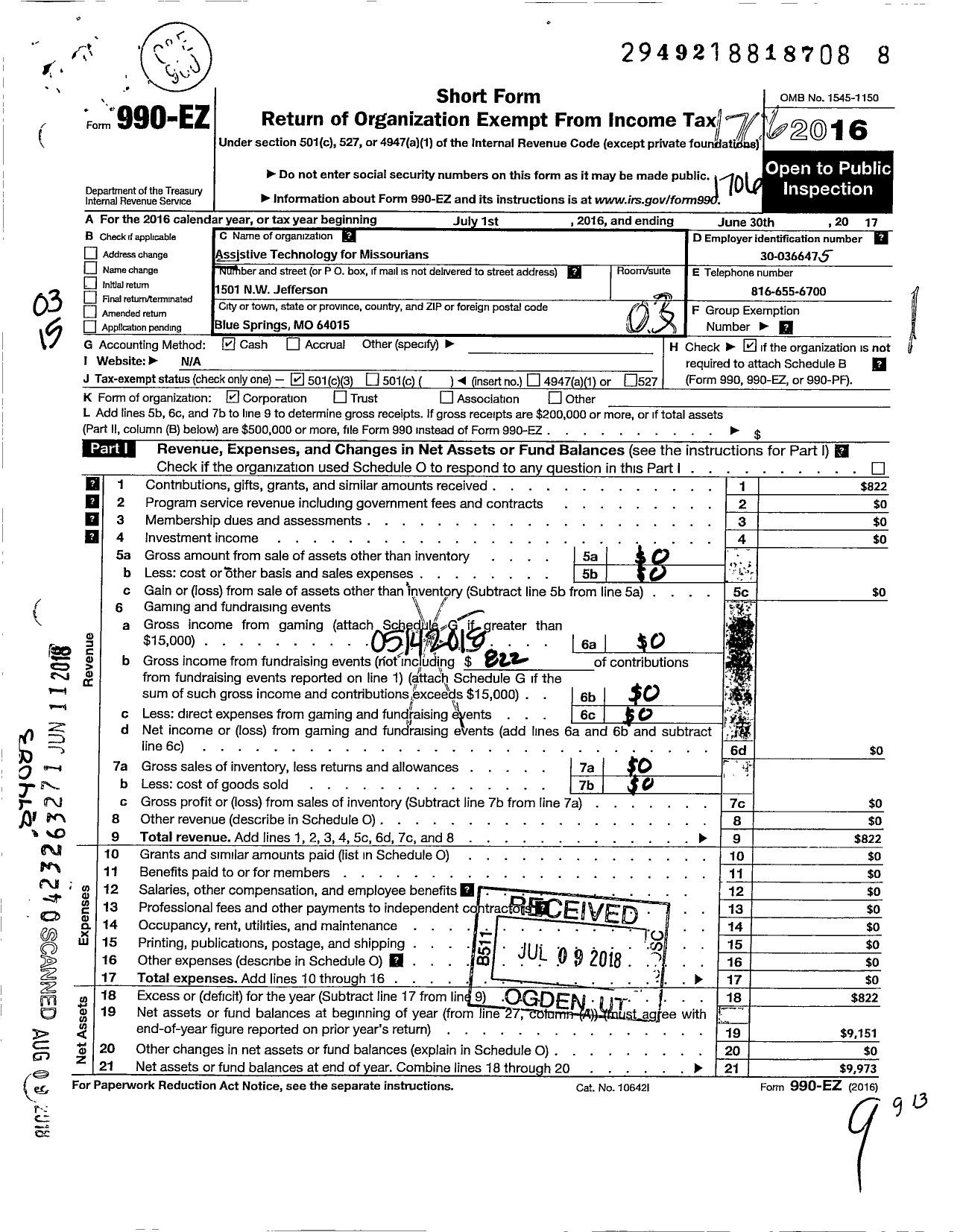 Image of first page of 2016 Form 990EZ for Assistive Technology for Missourians