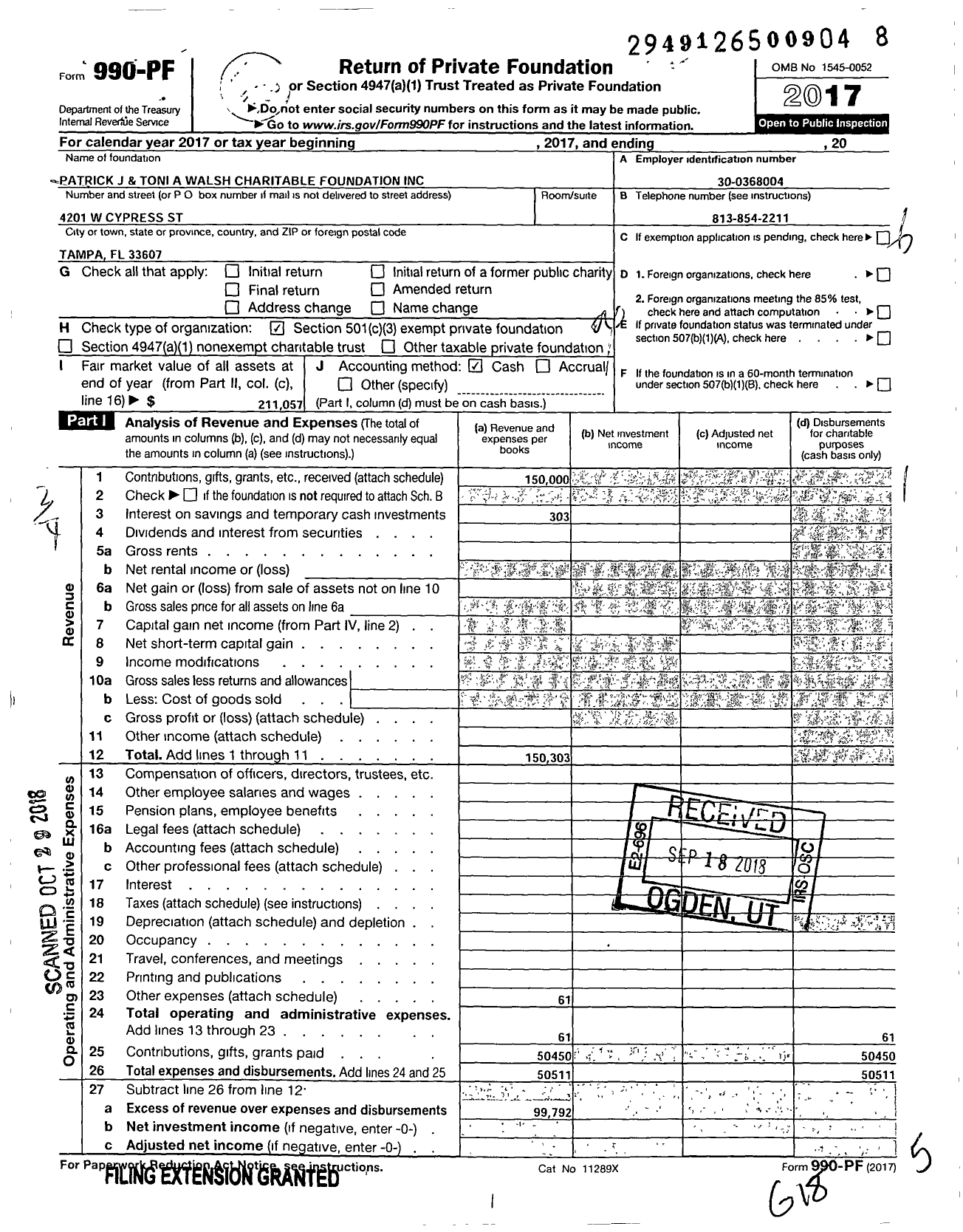 Image of first page of 2017 Form 990PF for Patrick J and Toni A Walsh Charitable Foundation