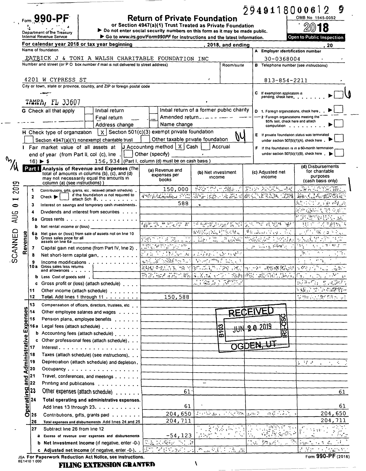 Image of first page of 2018 Form 990PF for Patrick J and Toni A Walsh Charitable Foundation