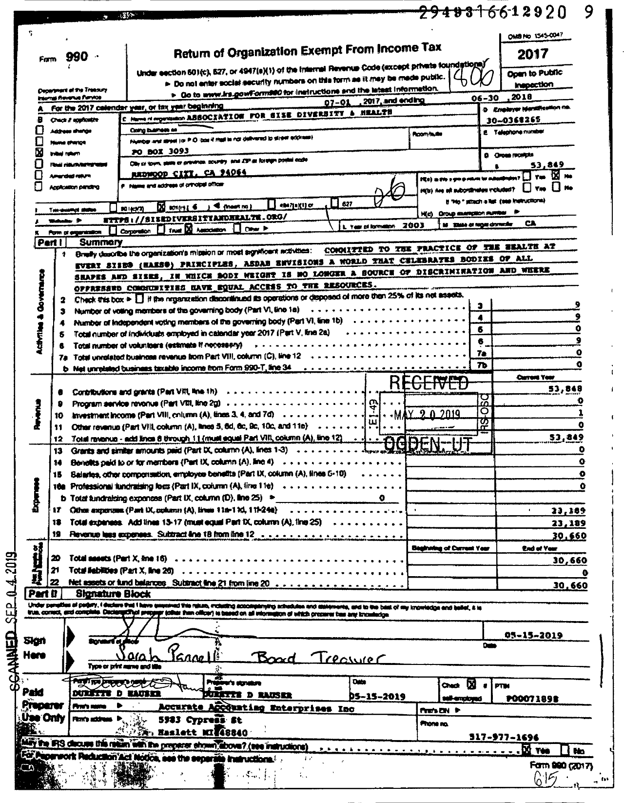 Image of first page of 2017 Form 990O for Association for Size Diversity and Health