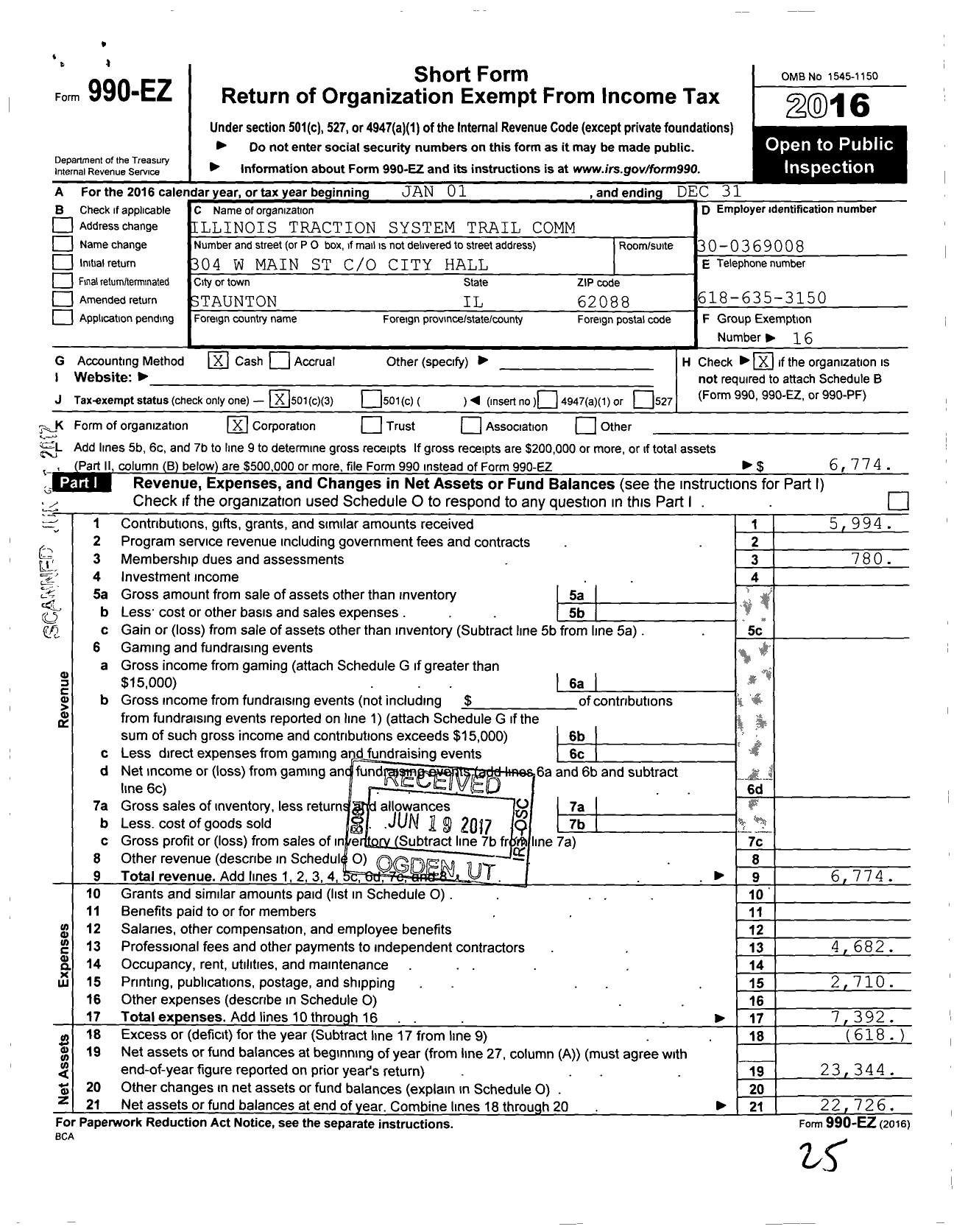 Image of first page of 2016 Form 990EZ for Illinois Traction System Trail Comm