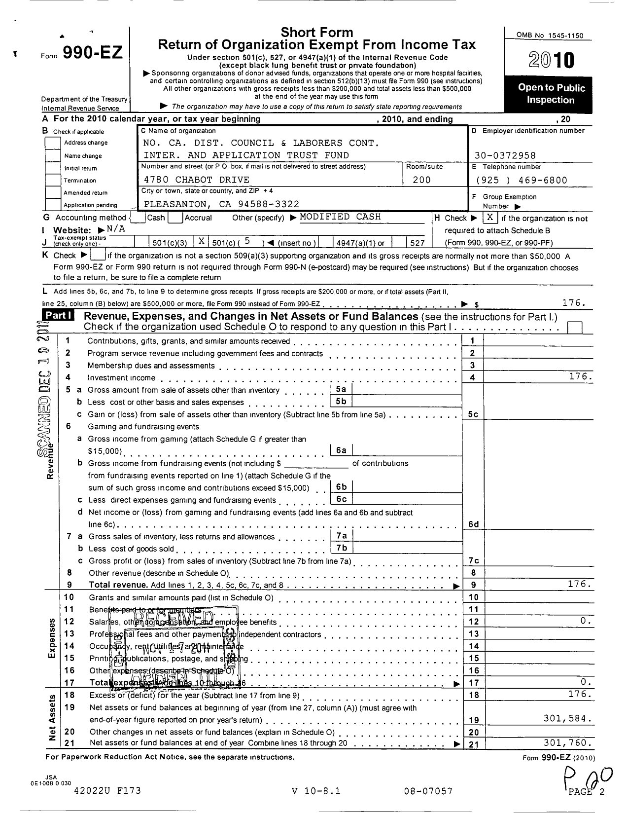 Image of first page of 2010 Form 990EO for Laborers Contract Interpretation AND APPLICATION TRUST FUND