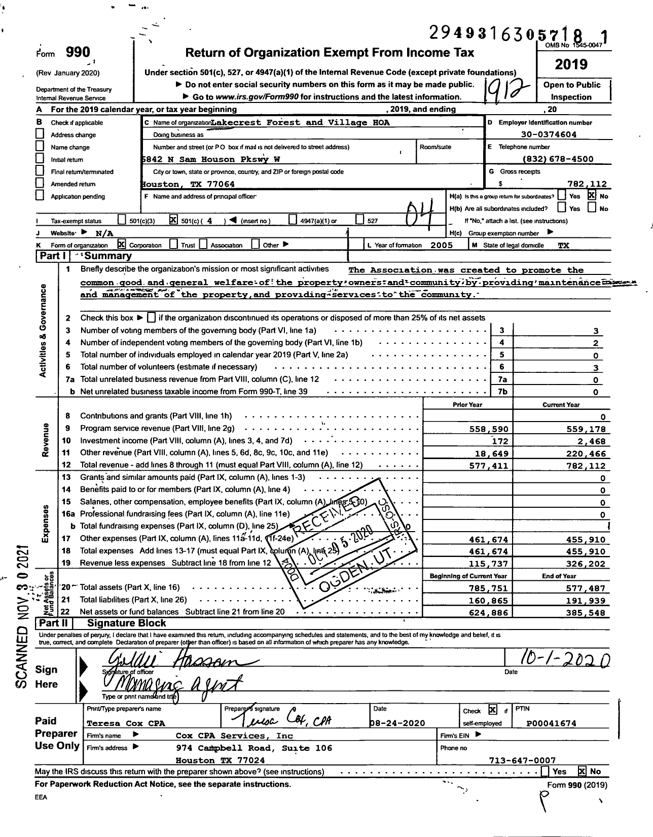 Image of first page of 2019 Form 990O for Lakecrest Forest and Village HOA