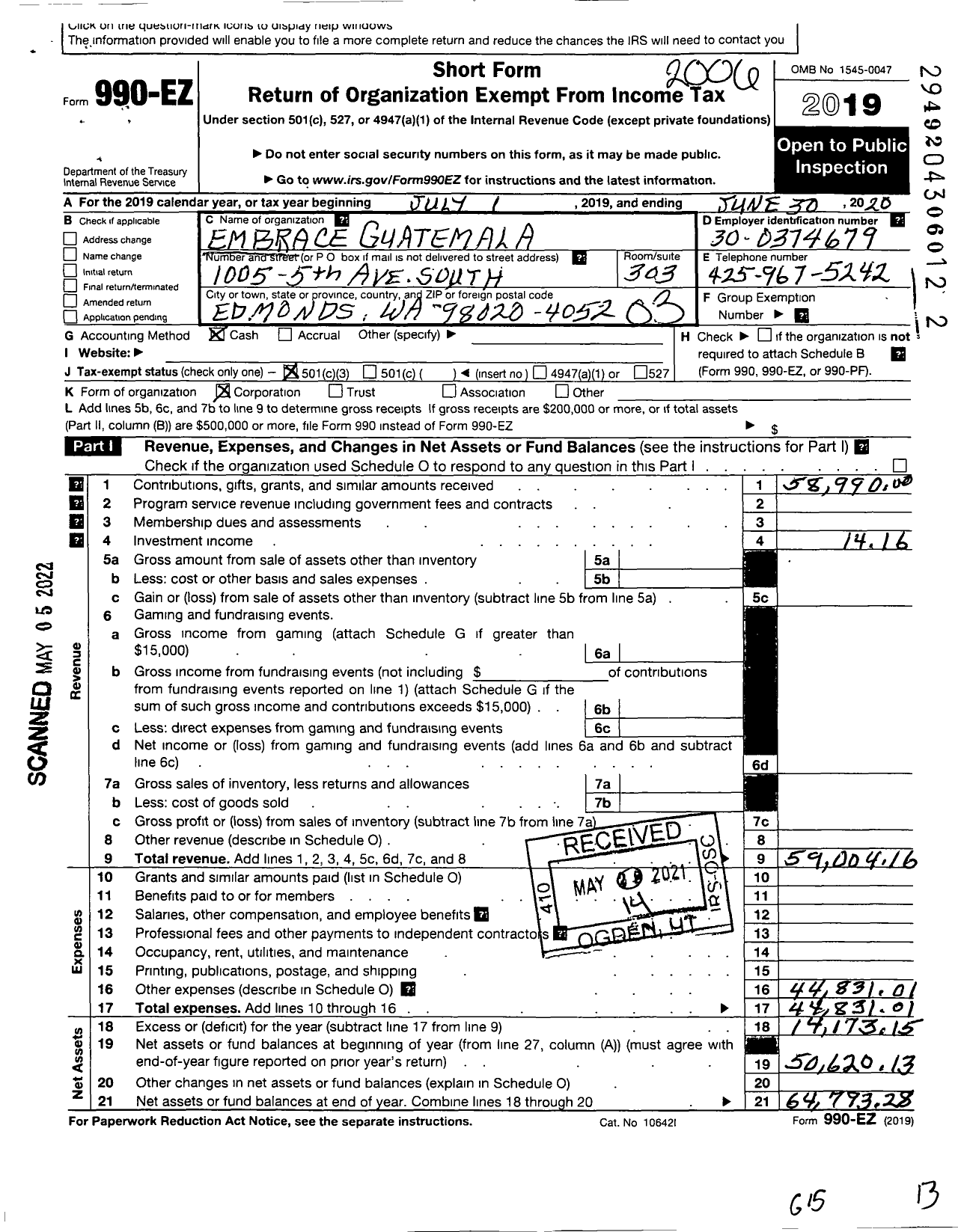 Image of first page of 2019 Form 990EZ for Embrace Guatemala