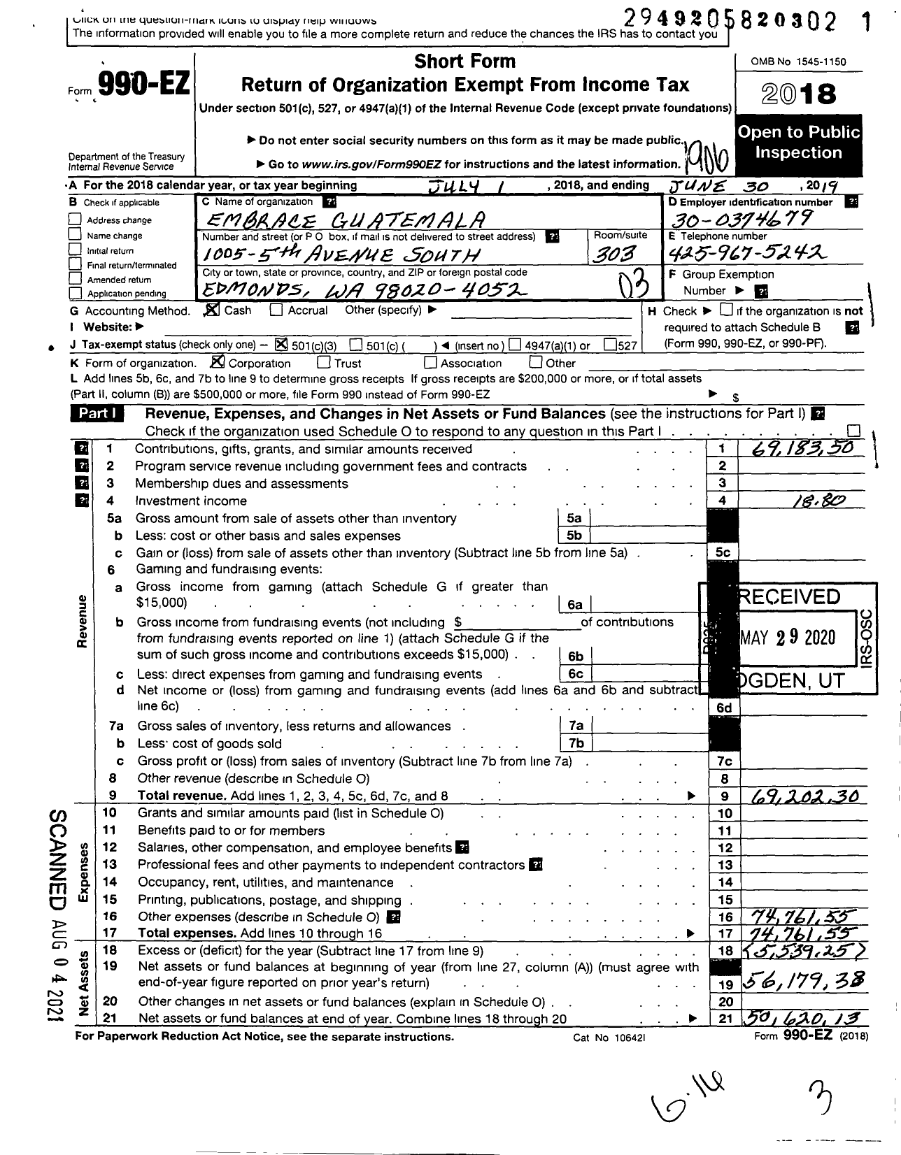 Image of first page of 2018 Form 990EZ for Embrace Guatemala