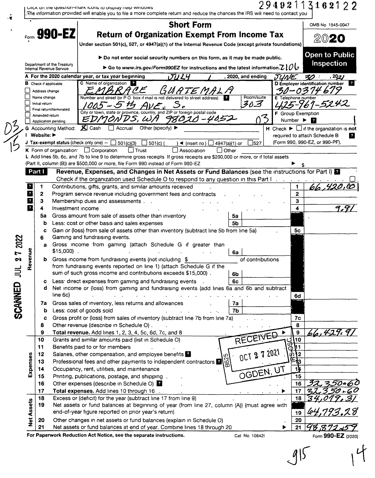 Image of first page of 2020 Form 990EZ for Embrace Guatemala