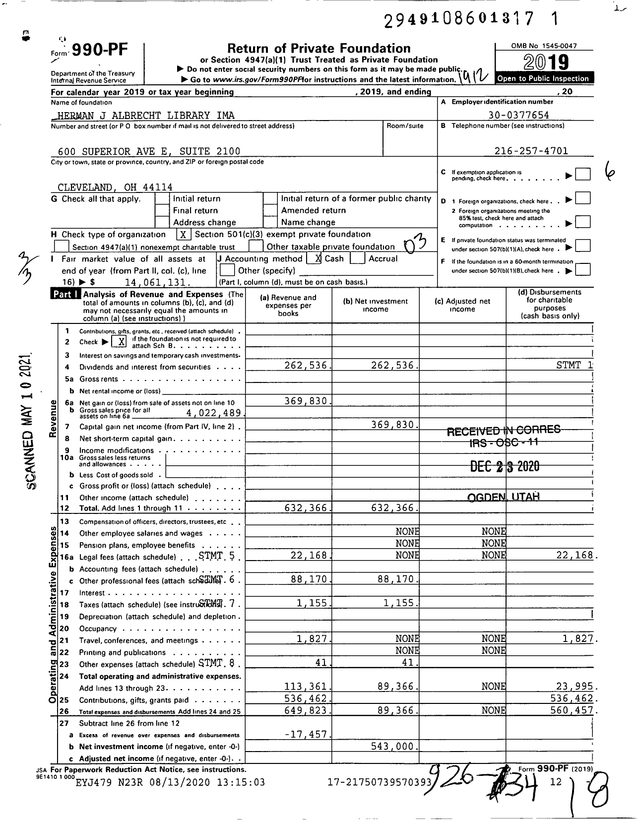 Image of first page of 2019 Form 990PF for Herman J Albrecht Library Ima