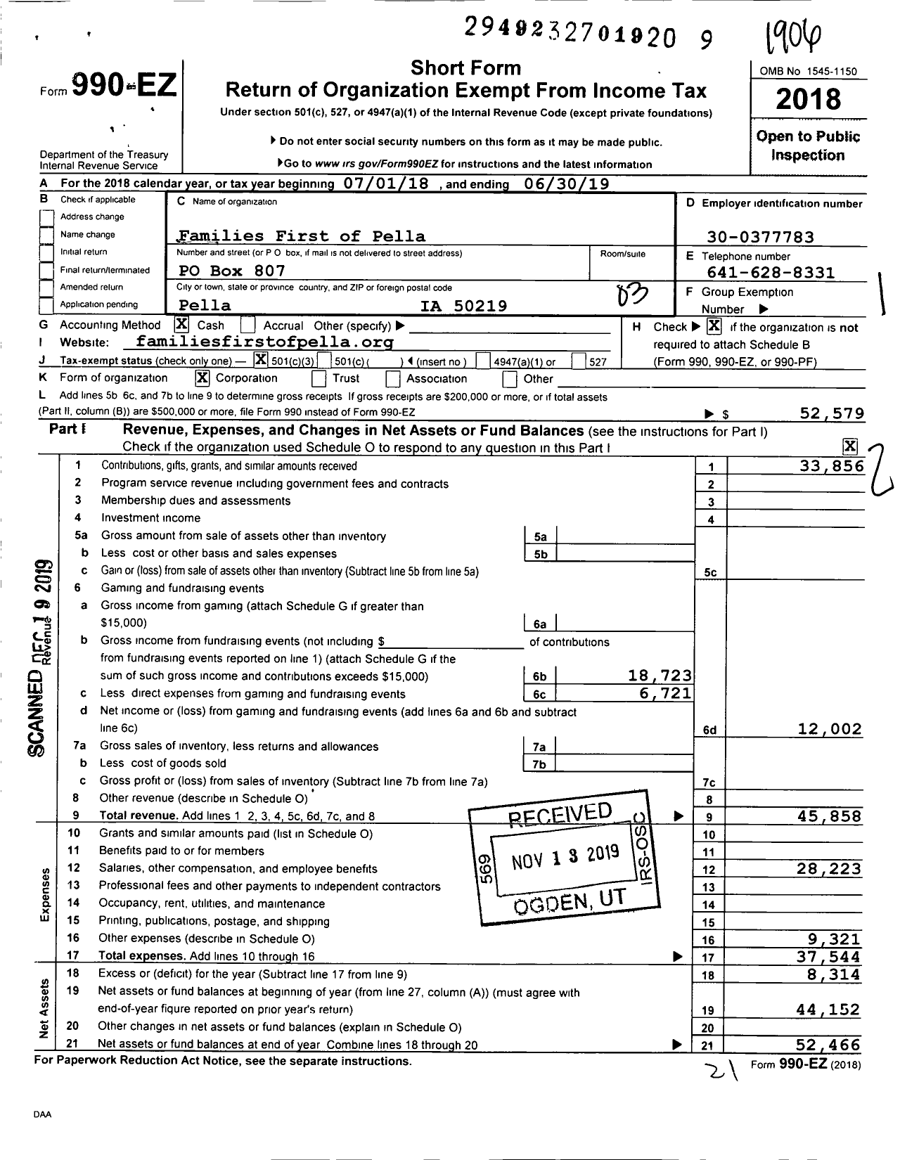 Image of first page of 2018 Form 990EZ for Families First of Pella