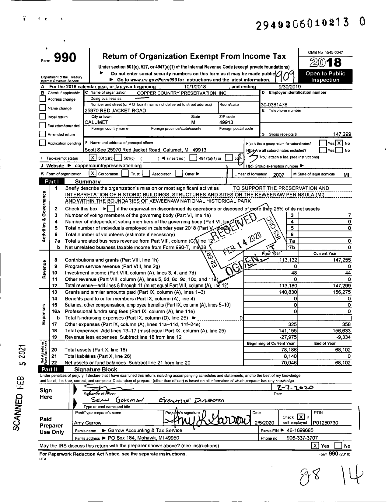 Image of first page of 2018 Form 990 for Copper Country Preservation Trust