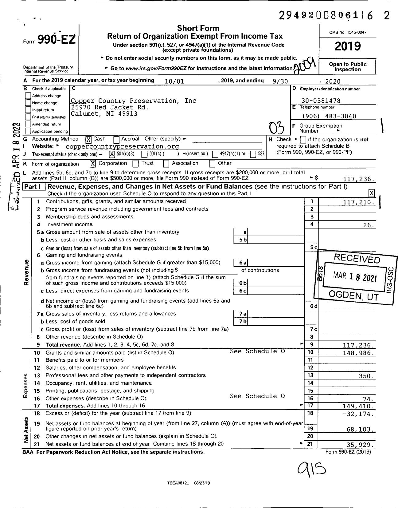 Image of first page of 2019 Form 990EZ for Copper Country Preservation Trust