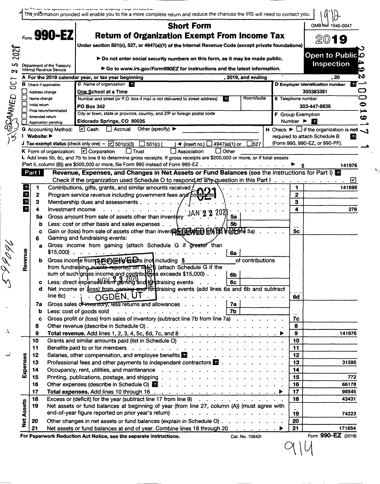 Image of first page of 2019 Form 990EZ for One School at A Time