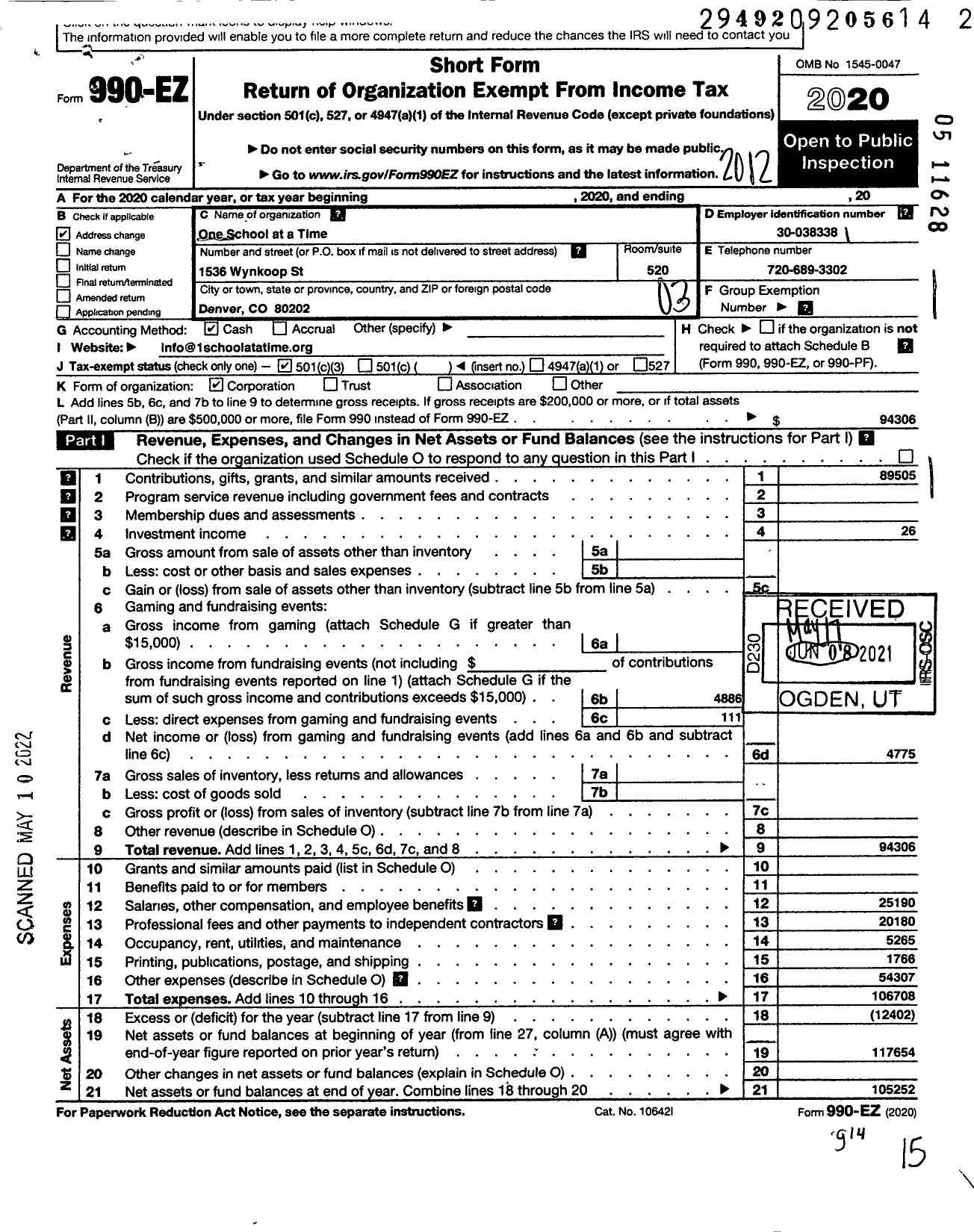 Image of first page of 2020 Form 990EZ for One School at A Time
