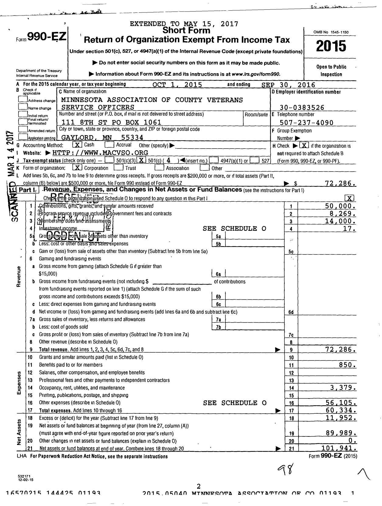 Image of first page of 2015 Form 990EO for Minnesota Association of County Veterans Service Officers
