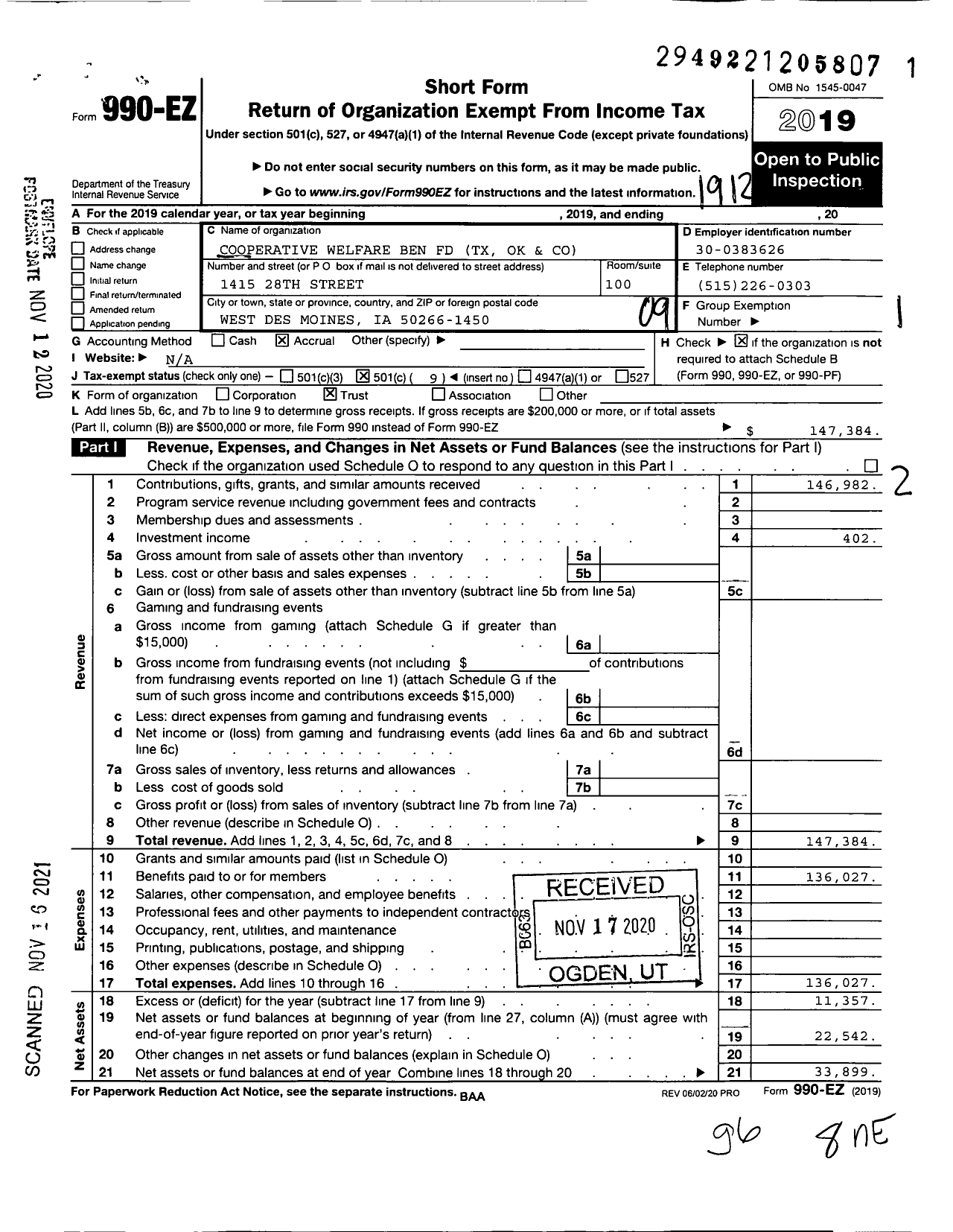 Image of first page of 2019 Form 990EO for Cooperative Welfare Ben Fund