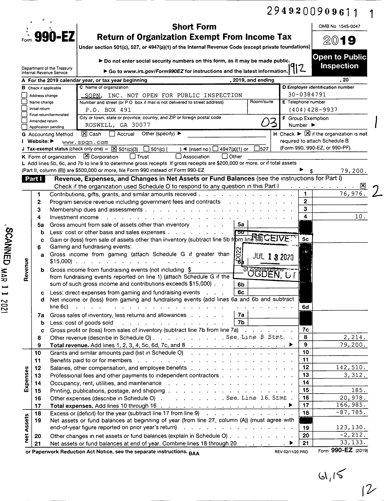 Image of first page of 2019 Form 990EZ for SQPN Not Open for Public Inspection