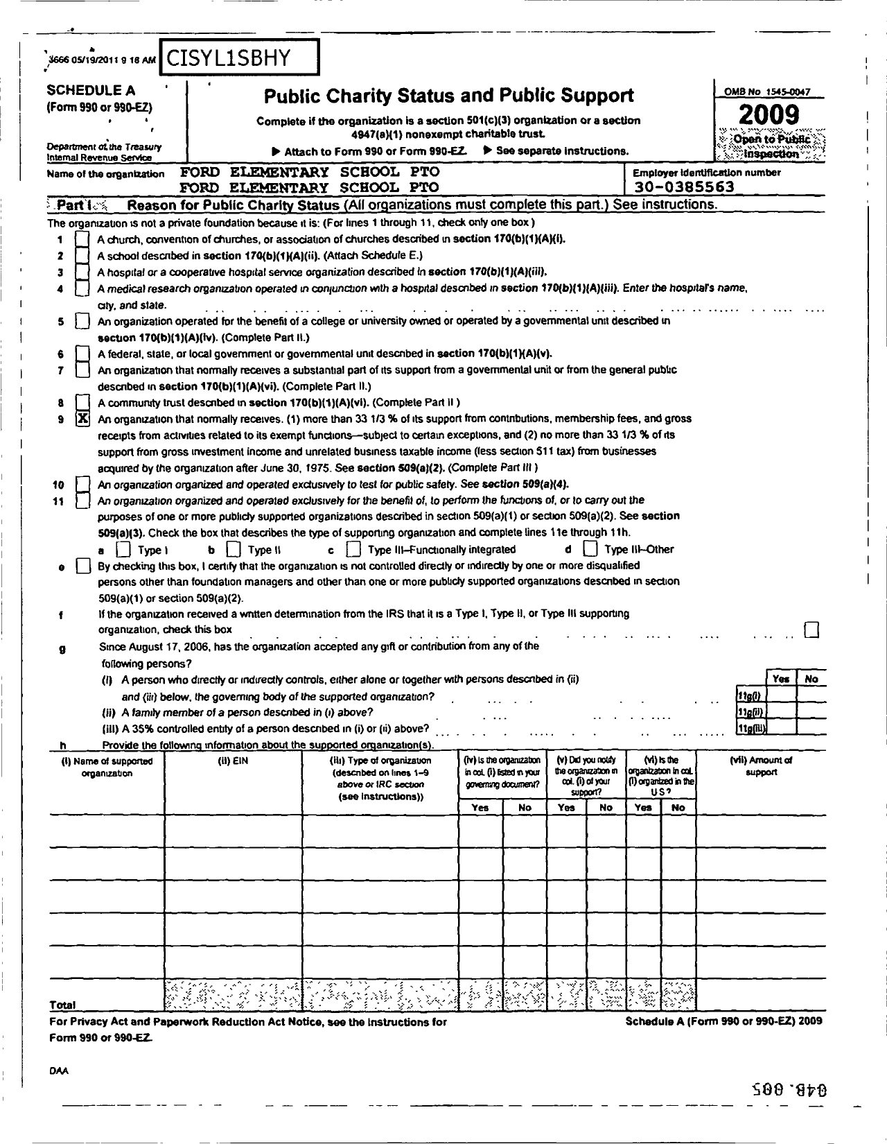 Image of first page of 2009 Form 990R for Cisd Educational Support Groups Ford Elementary School Pto