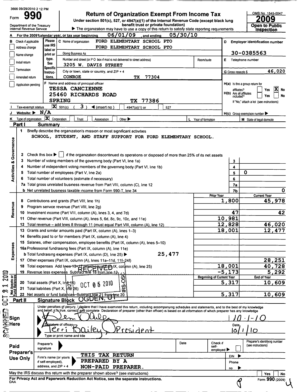 Image of first page of 2009 Form 990 for Cisd Educational Support Groups Ford Elementary School Pto